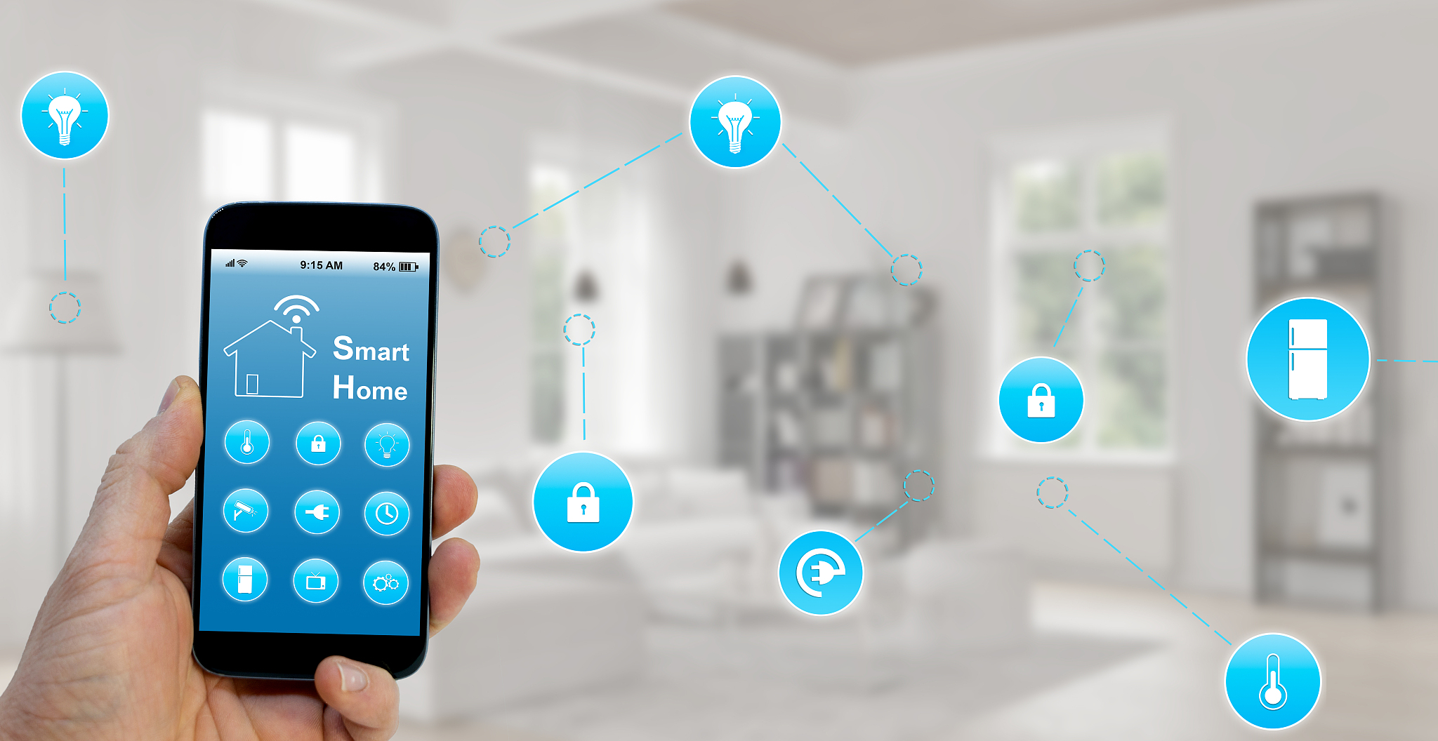 hand holding smartphone with smart home application on screen