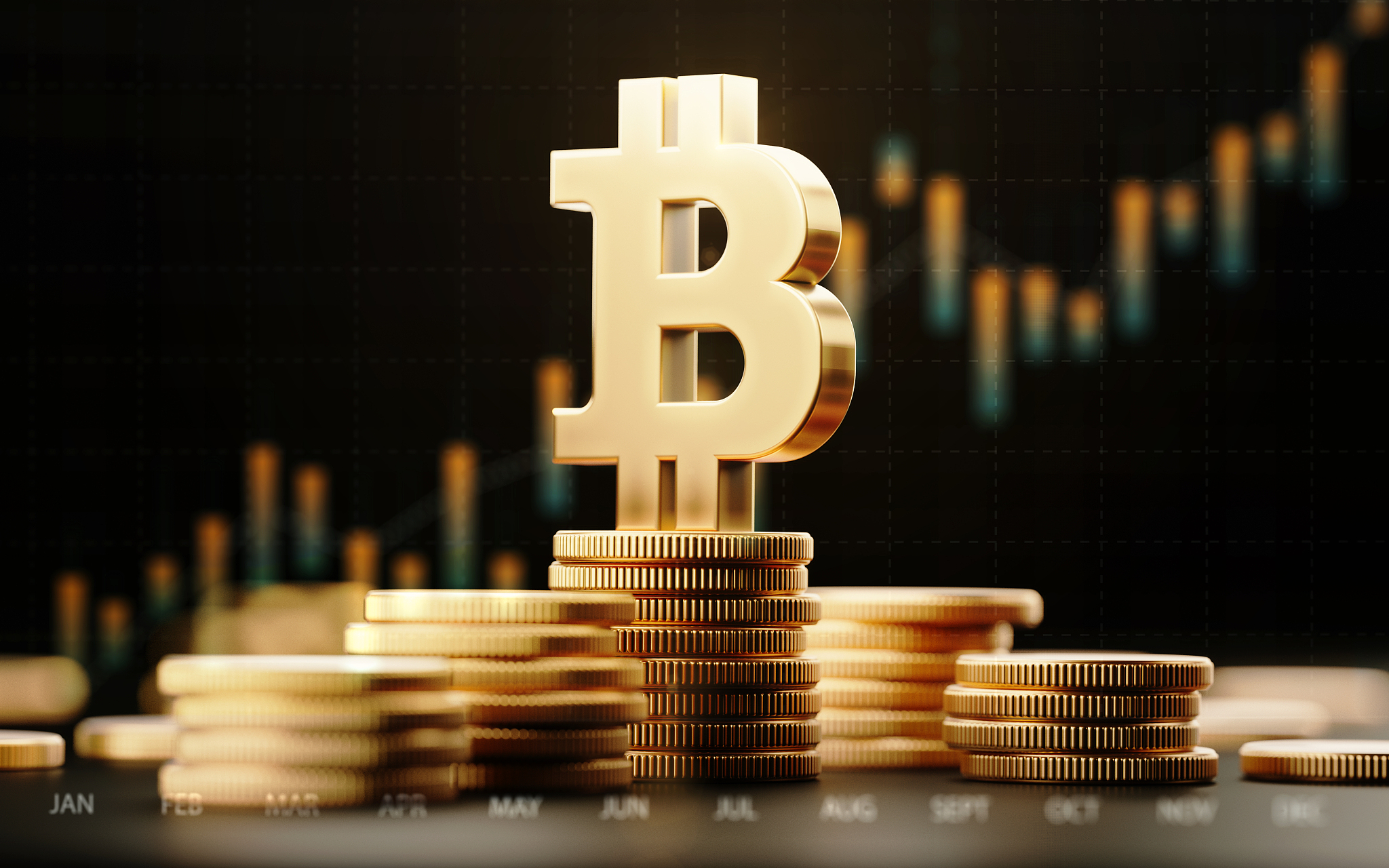 bitcoin symbol with financial chart over dark background