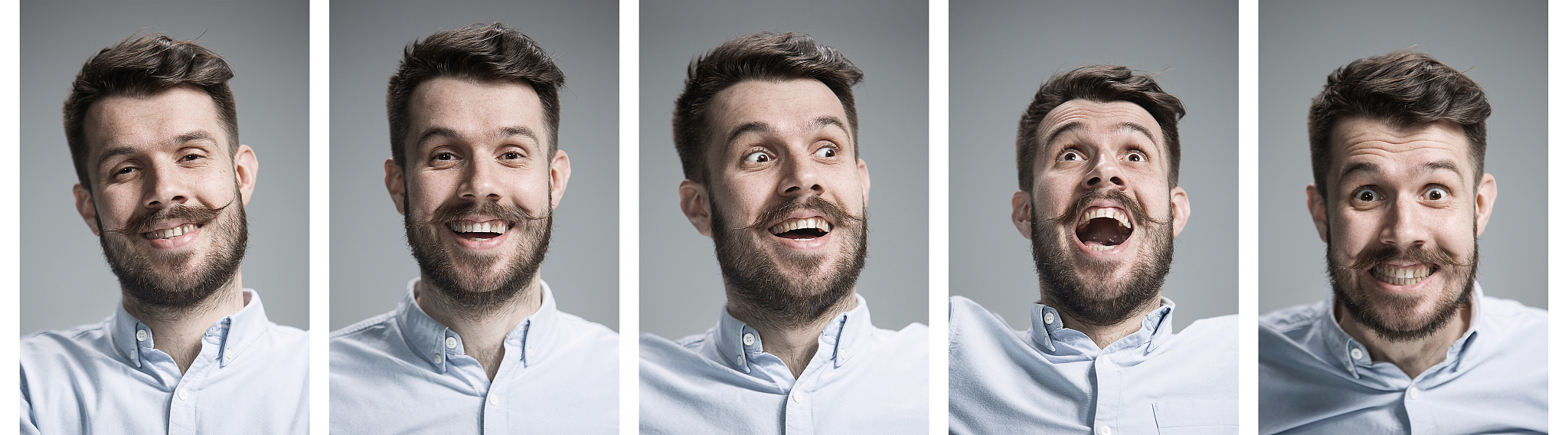 set of young man's portraits with different happy emotions