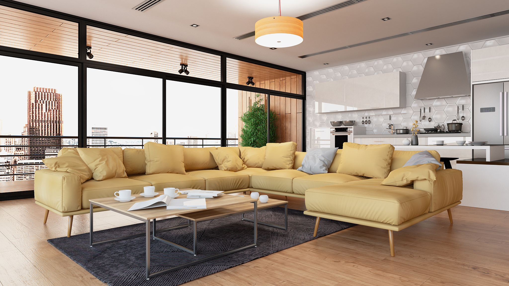 modern living, dining room and kitchen with city view