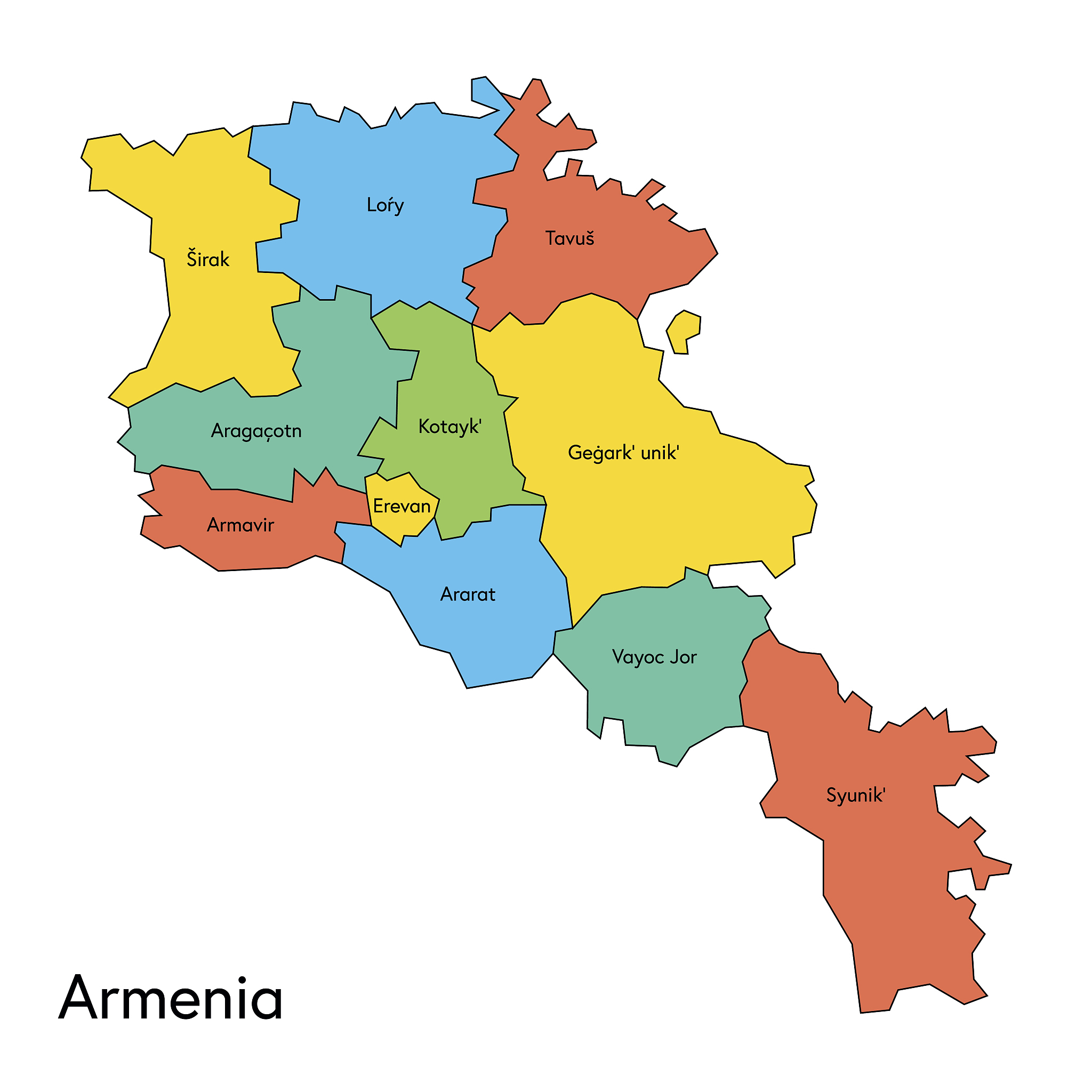 armenia color map with regions and names