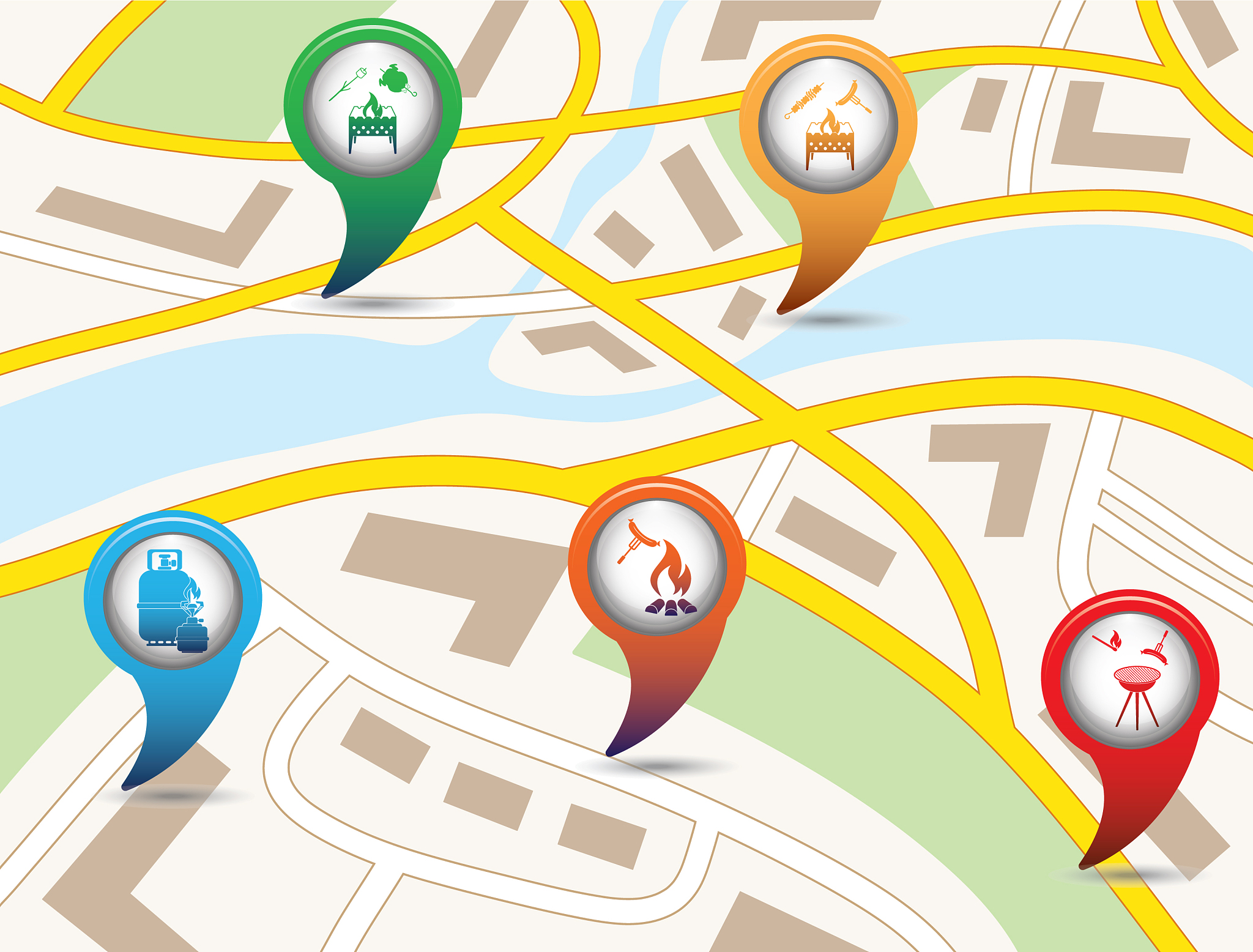 set of tourism service map pointers on map