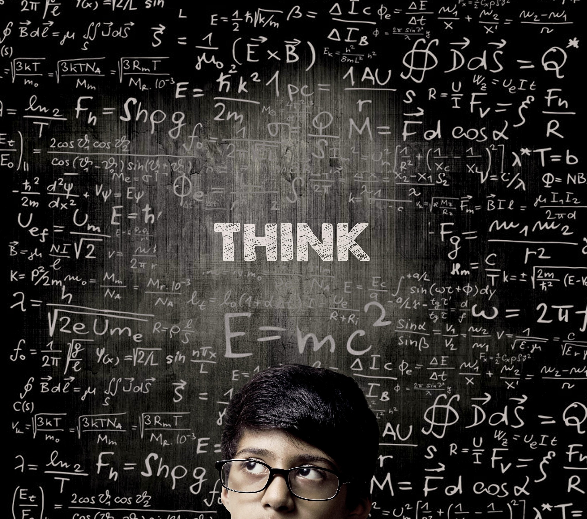 think. half face genius boy thinking wearing glasses chalkboard