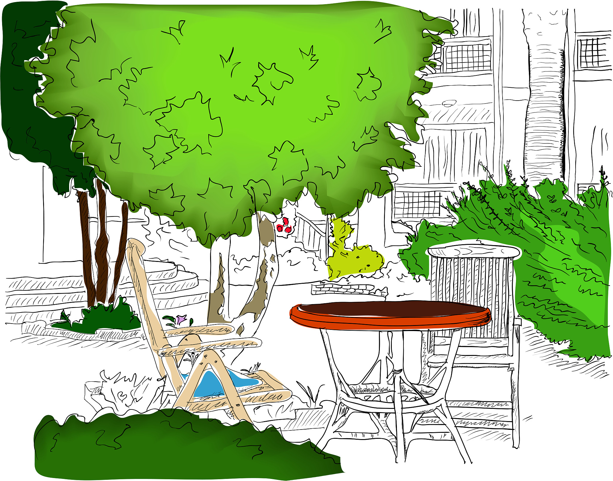 cafe in the garden. partially colored version2