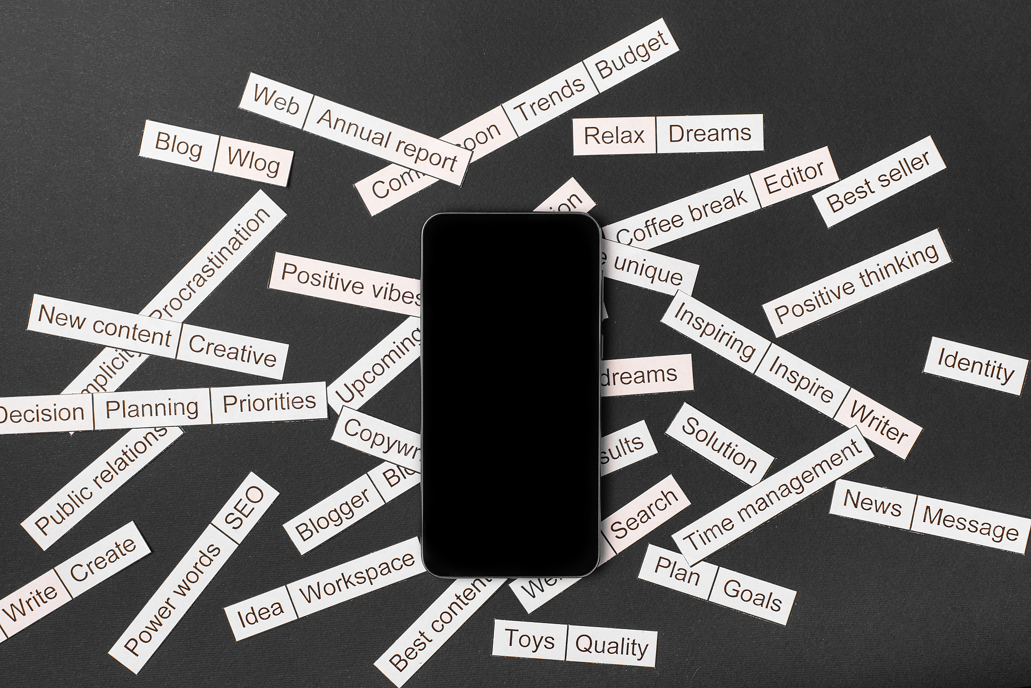 smartphone surrounded by a cloud of words on business themes cut