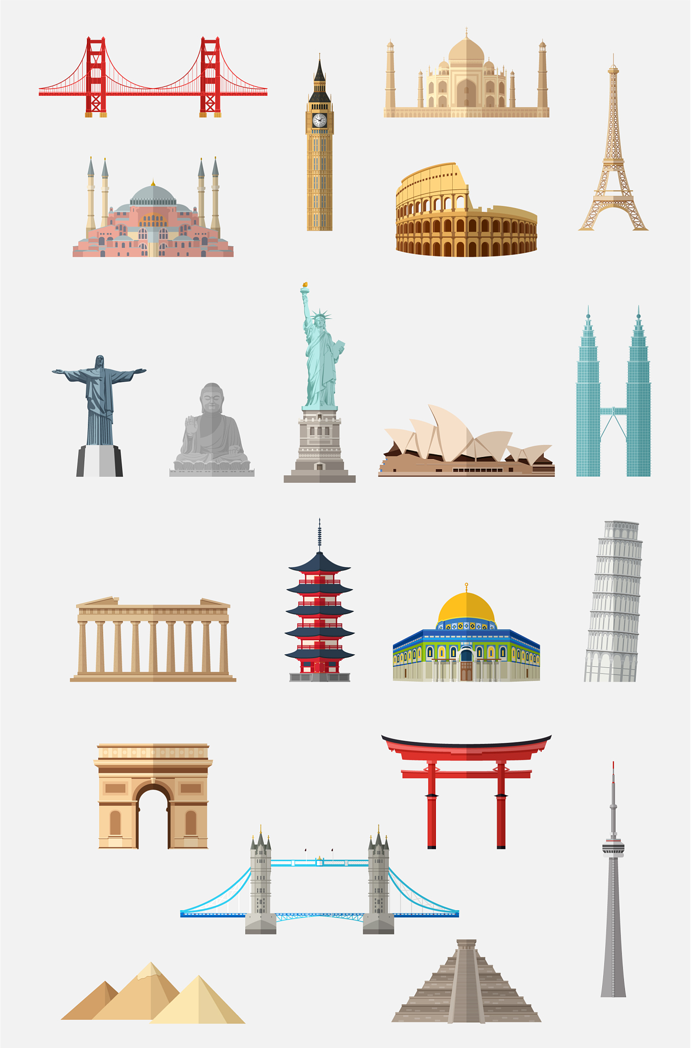 world famous landmarks icon set