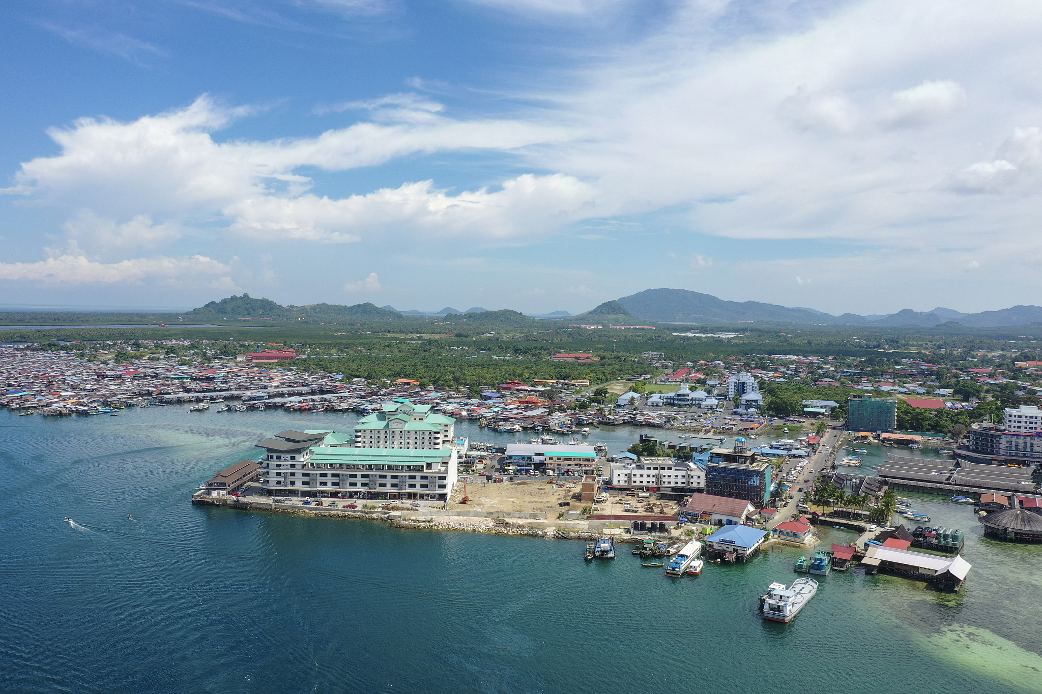 aerial view partial of semporna town the major access for beauti