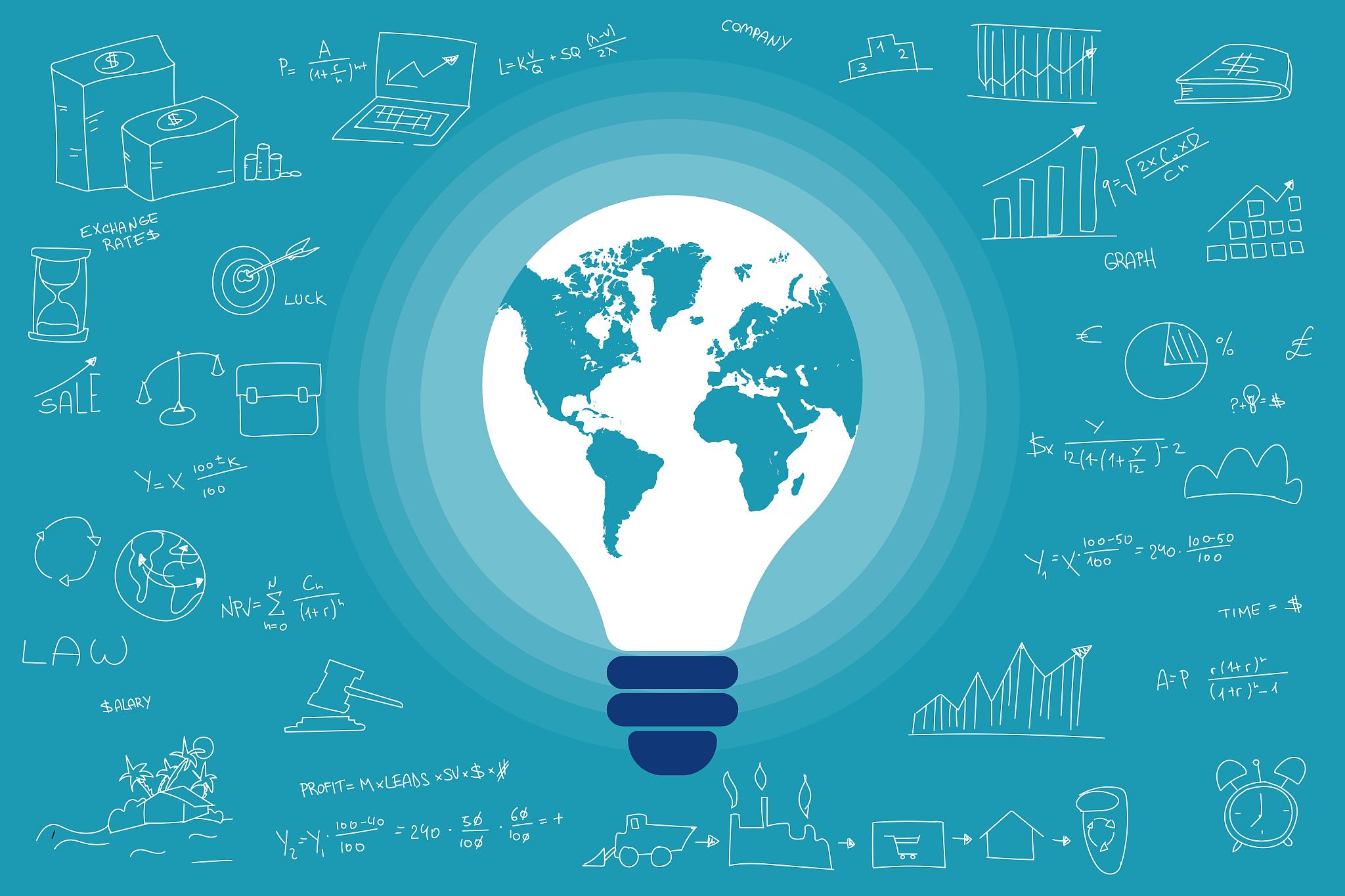 light bulb on notepad with different icons business and science 