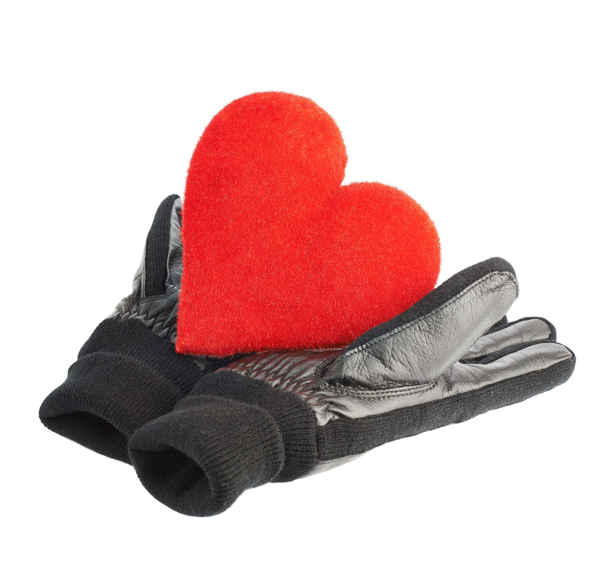 red heart in black leather gloves
