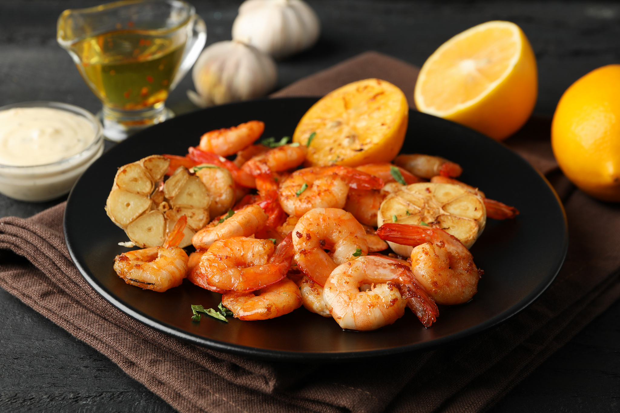 composition with delicious shrimps on wooden background, close u
