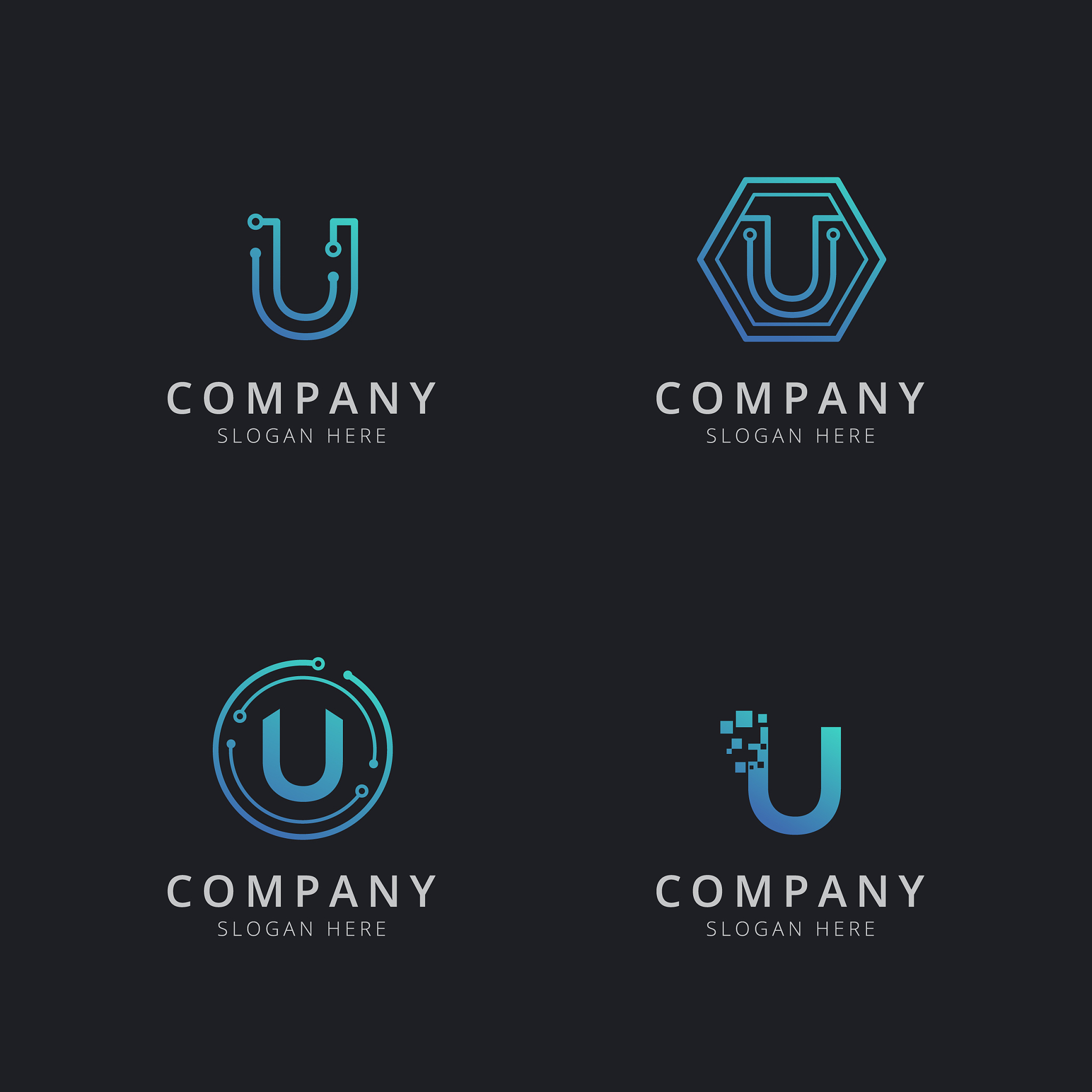 initial u logo with technology elements in blue color