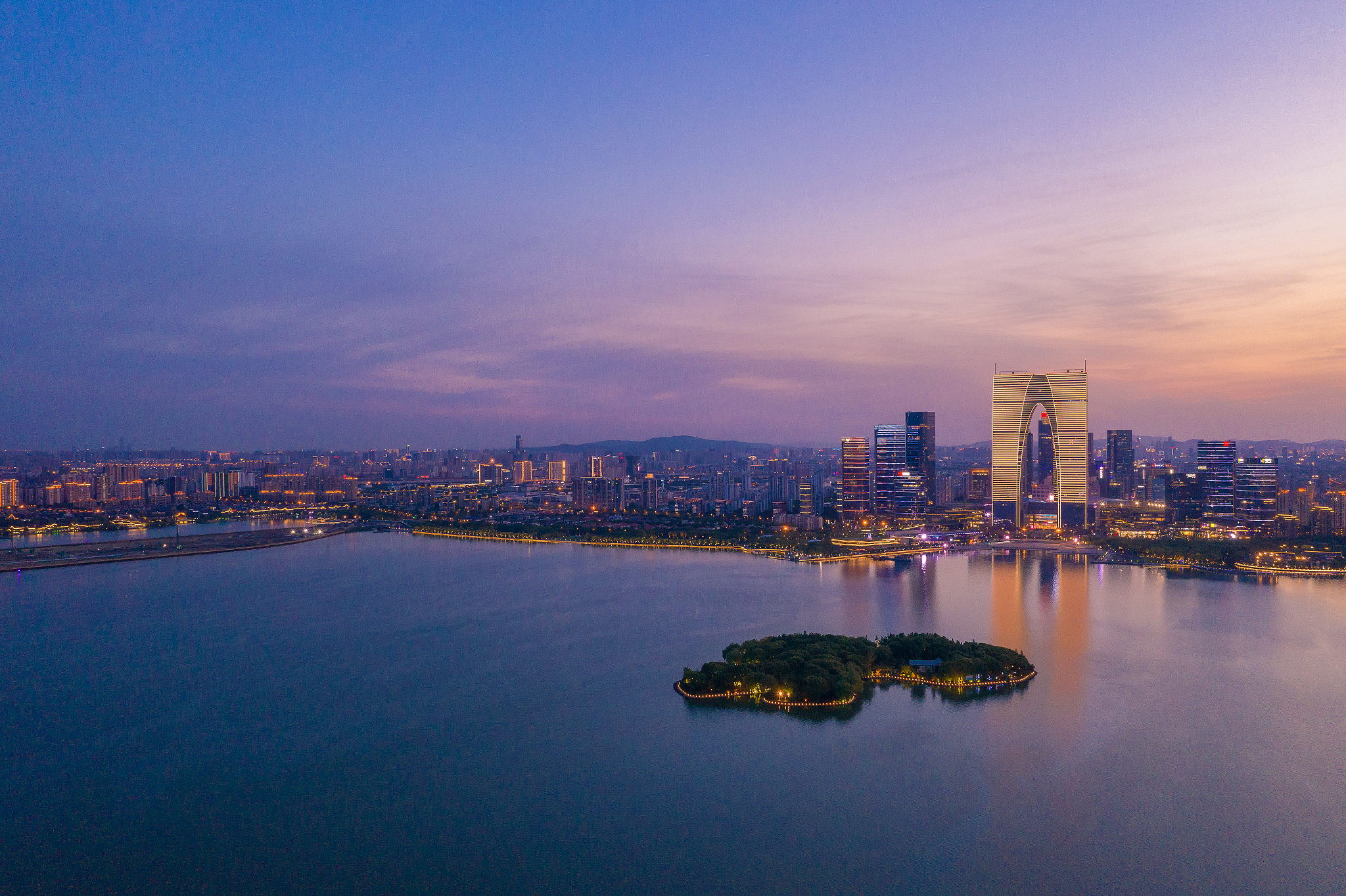 航拍苏州现代城市风光夜景