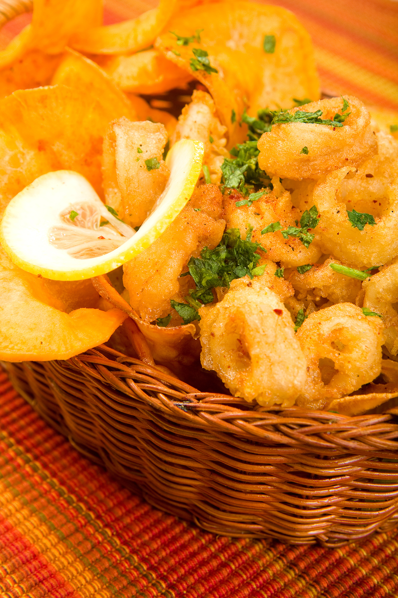 fried calamari with sweet potato chips