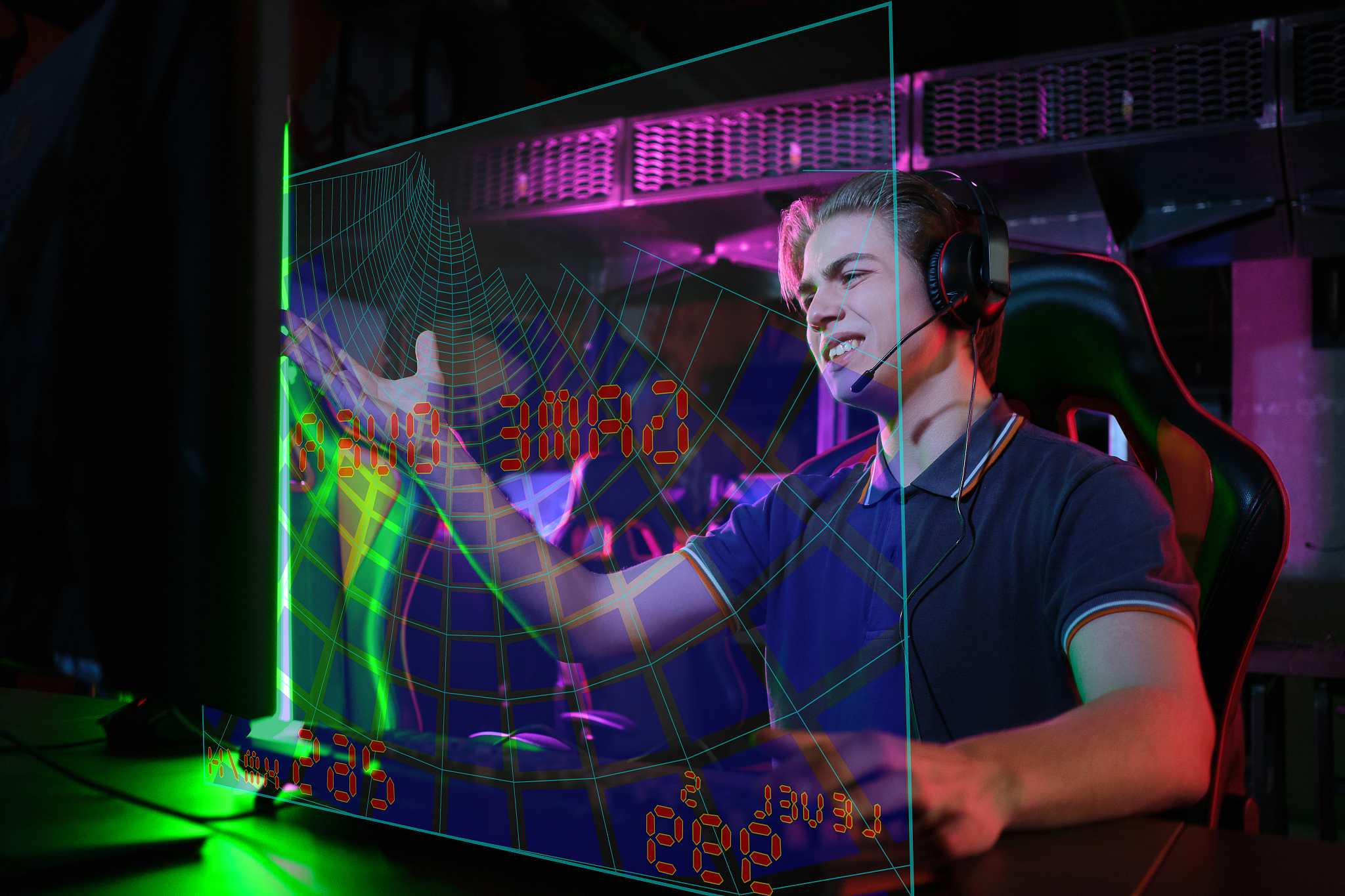 professional young caucasian gamer playing online on his pc. he 
