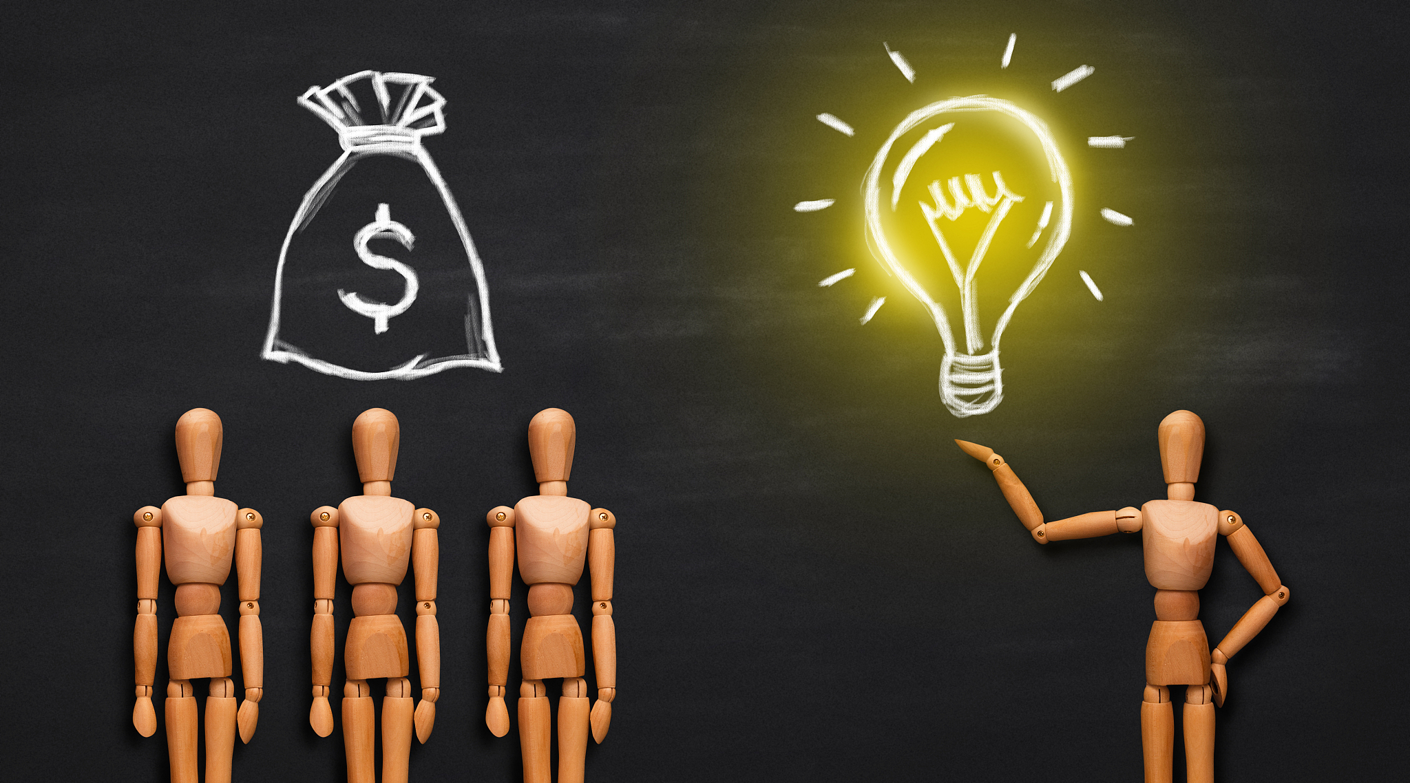 man holding yellow bulb, group of people with money bag