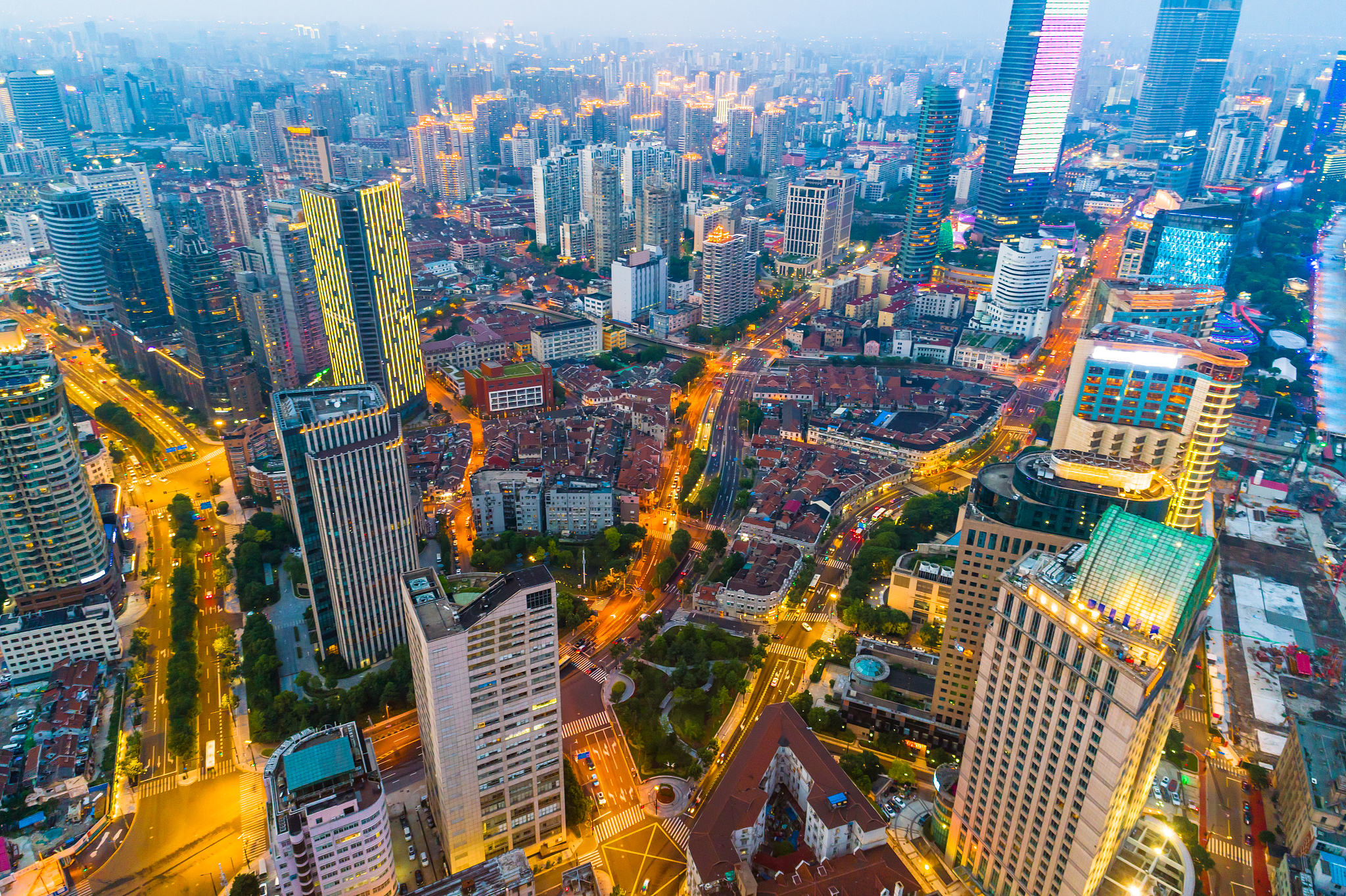 aerial view of shanghai cityscape at night,china.