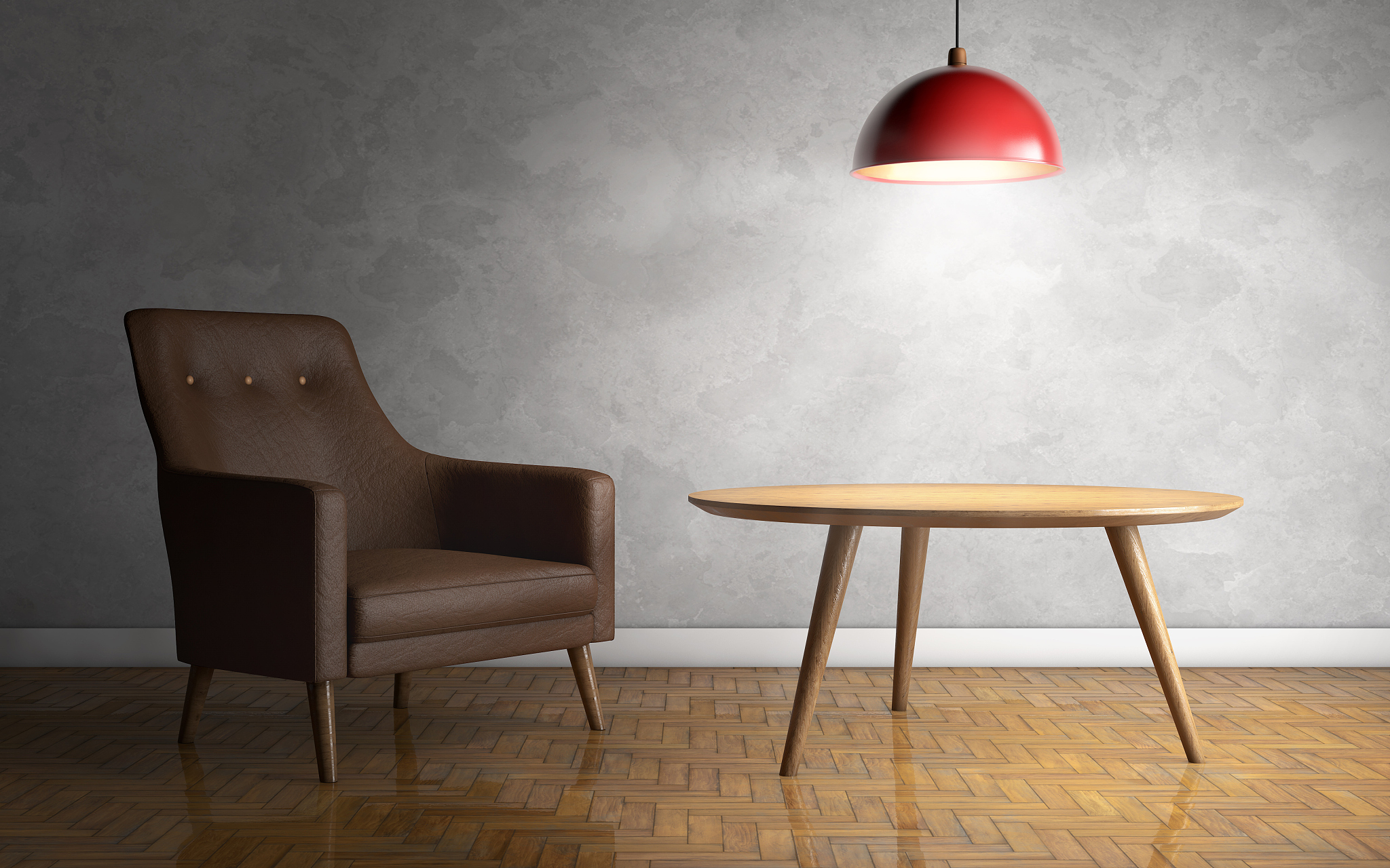 interior with leather armchair, ceiling lamp and side table. 3d 