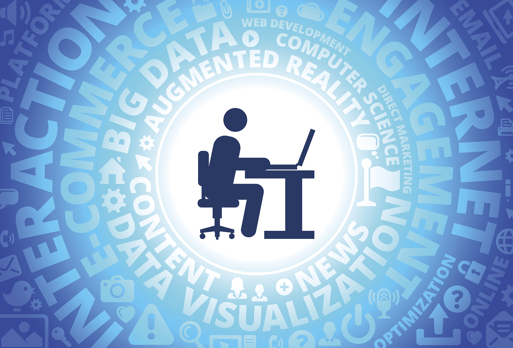 man working on computer icon on internet modern technology words