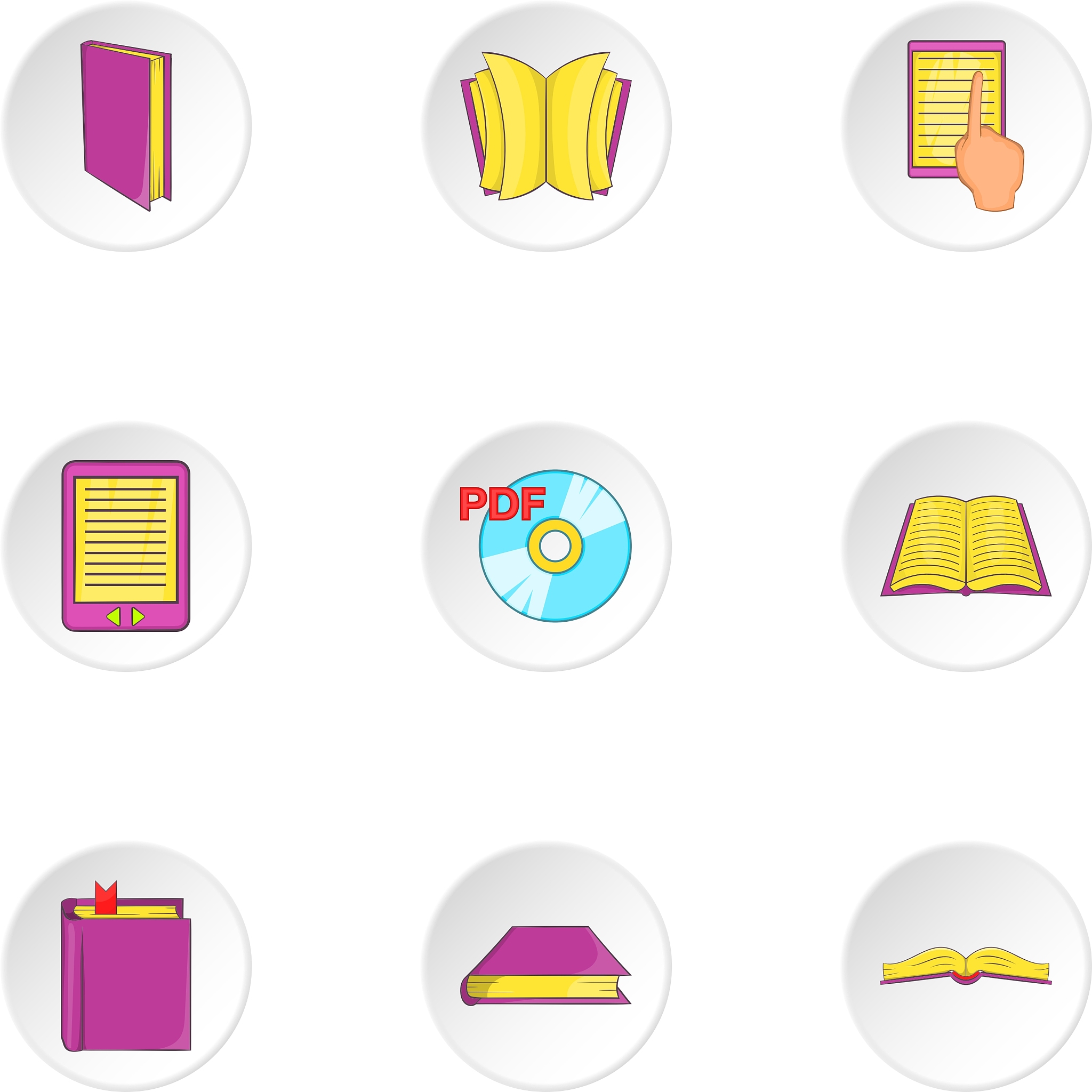 education book icons set cartoon style