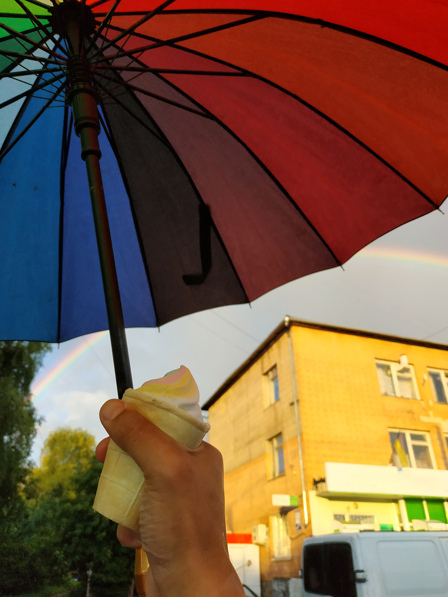 ice cream, weather and umbrella of rainbow colours