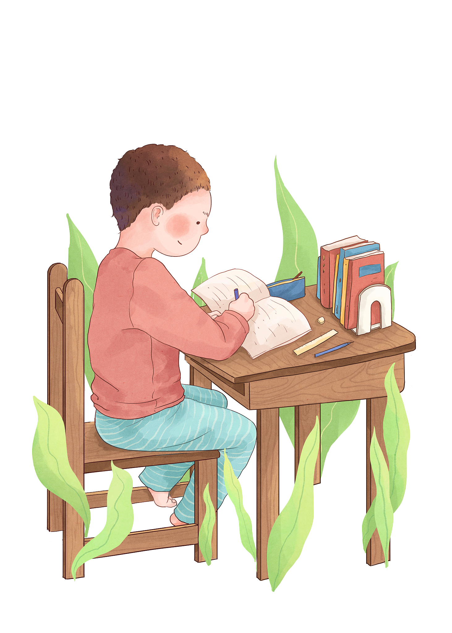 绿叶与学习的学生小清新插画白底