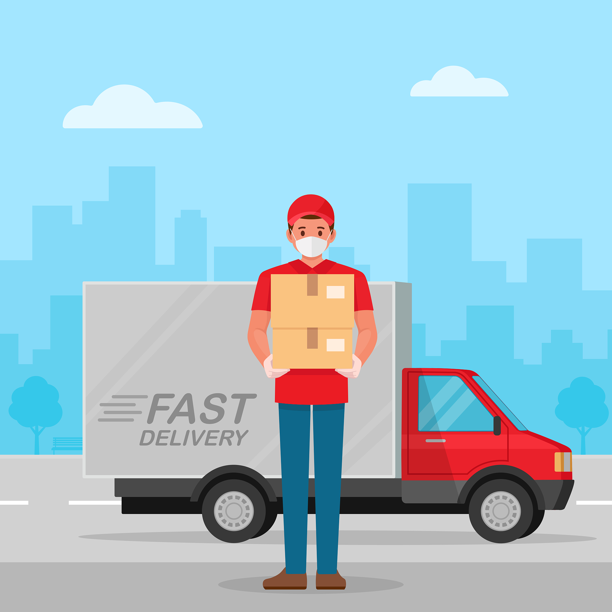delivery man with protective medical mask and delivery truck, du