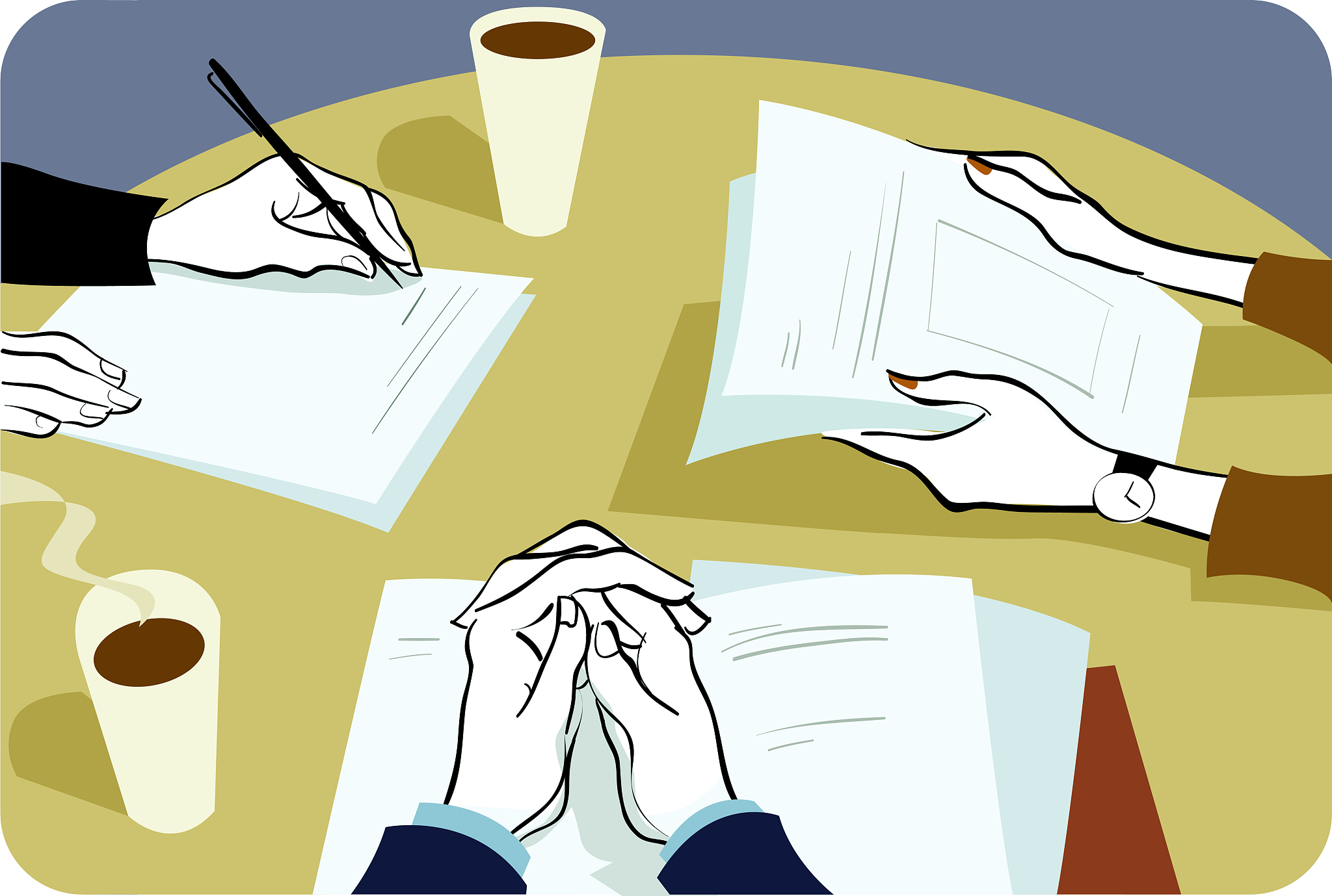 three executives looking at paperwork in meeting, focus on hands