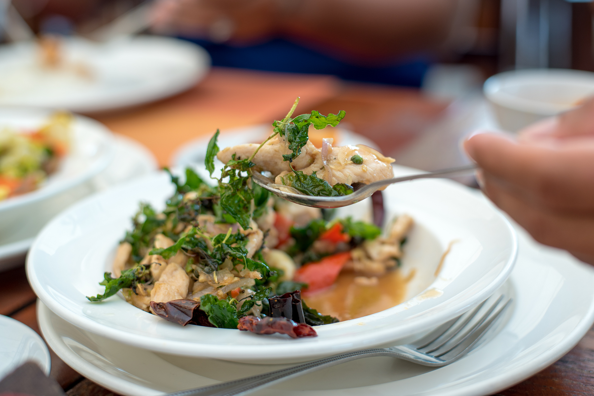thai food, green curry chicken with coconut curry on a wooden ta