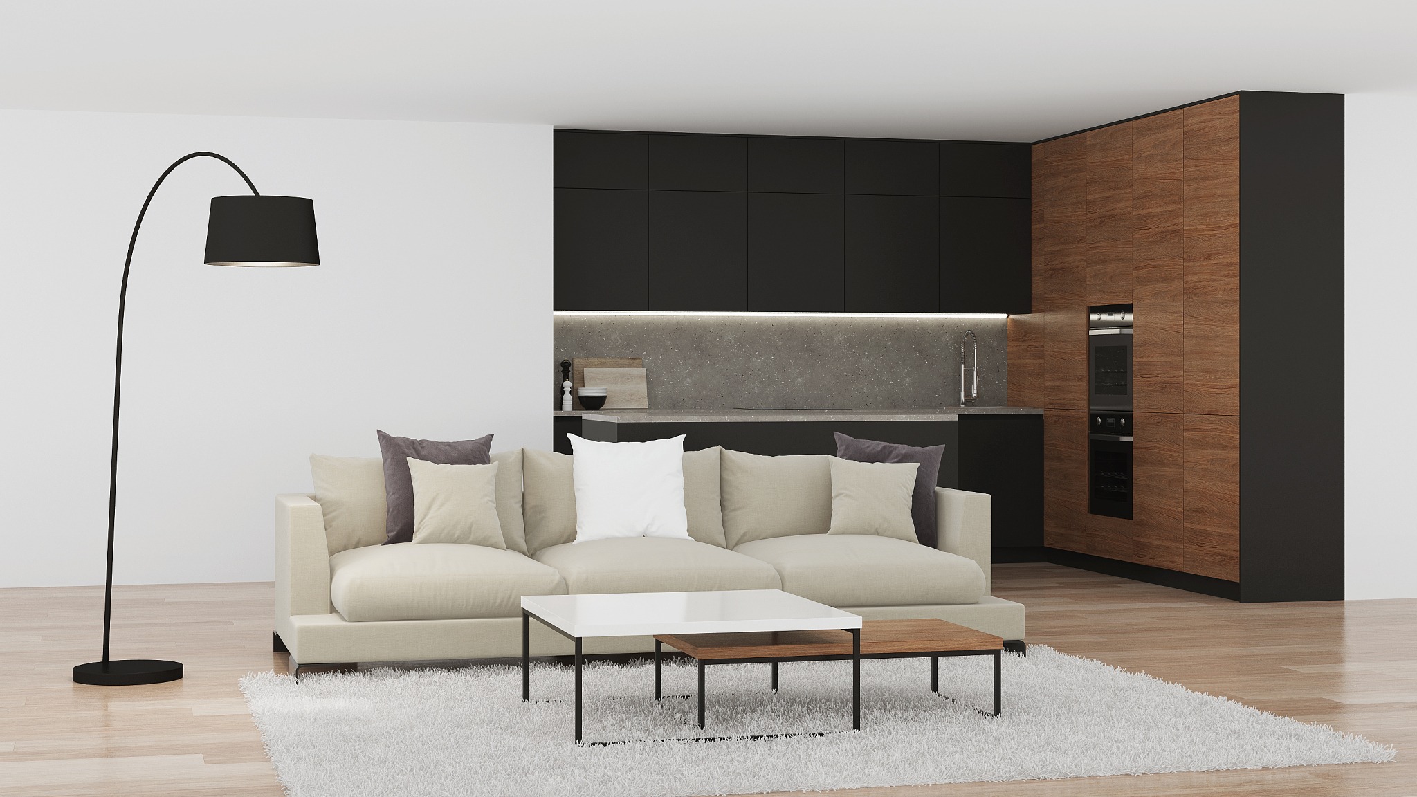 modern kitchen interior. bright interior with black kitchen. 3d 