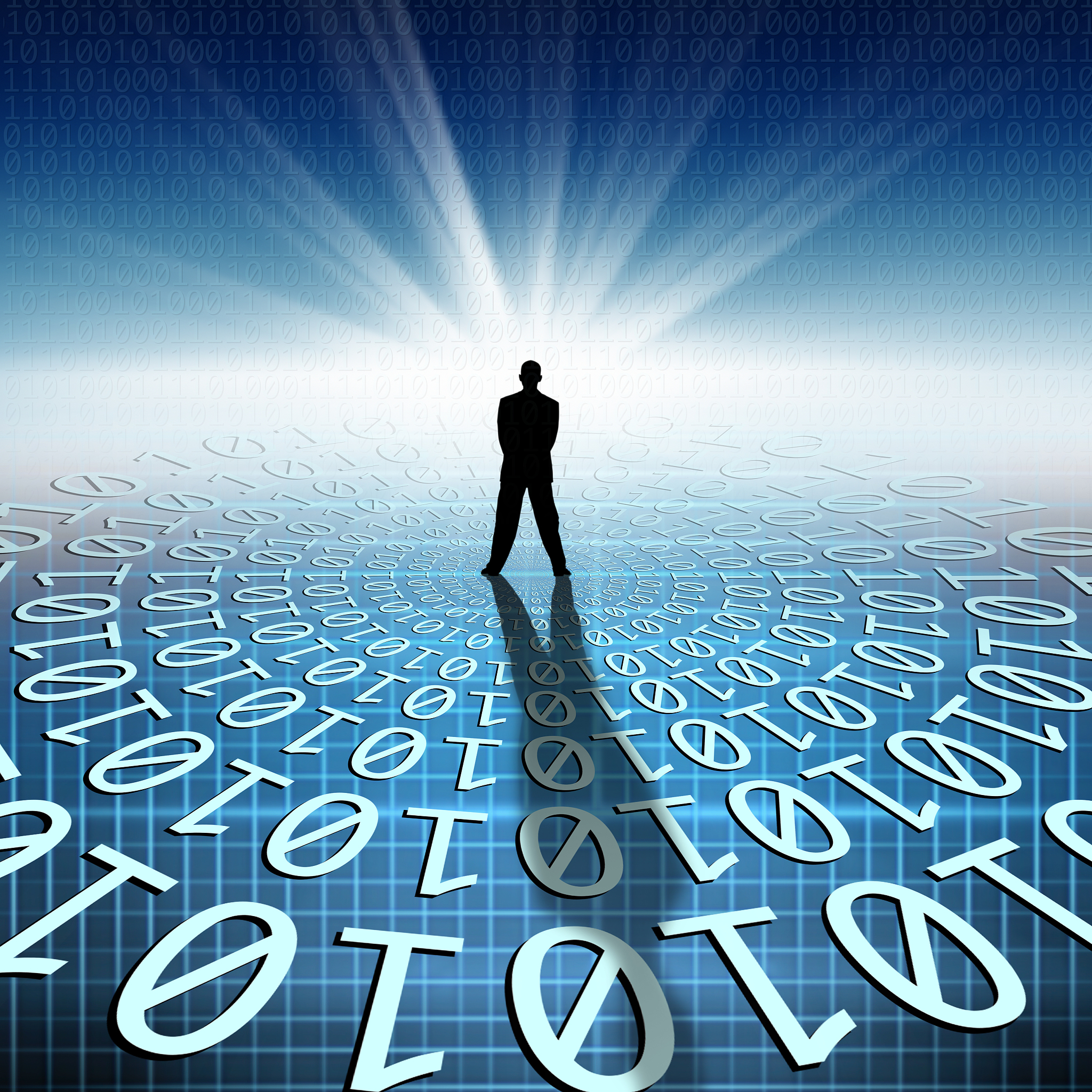 silhouetted businessman standing on binary code