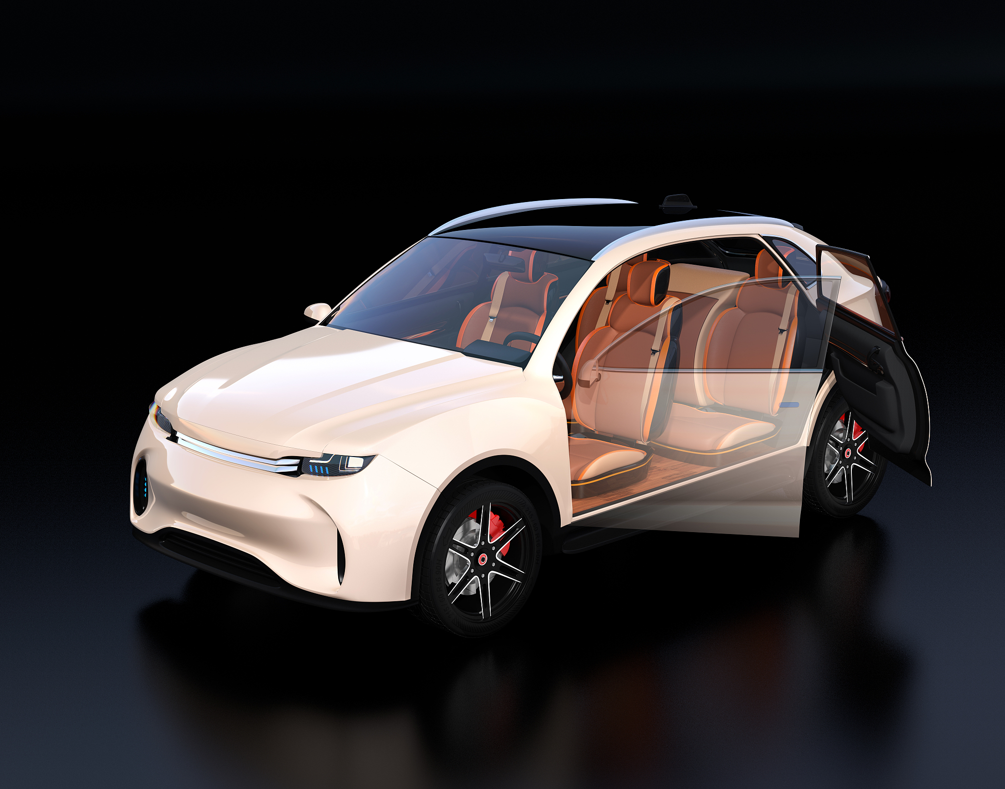 pearl color electr<strong>i</strong>c suv interior on reflective ground