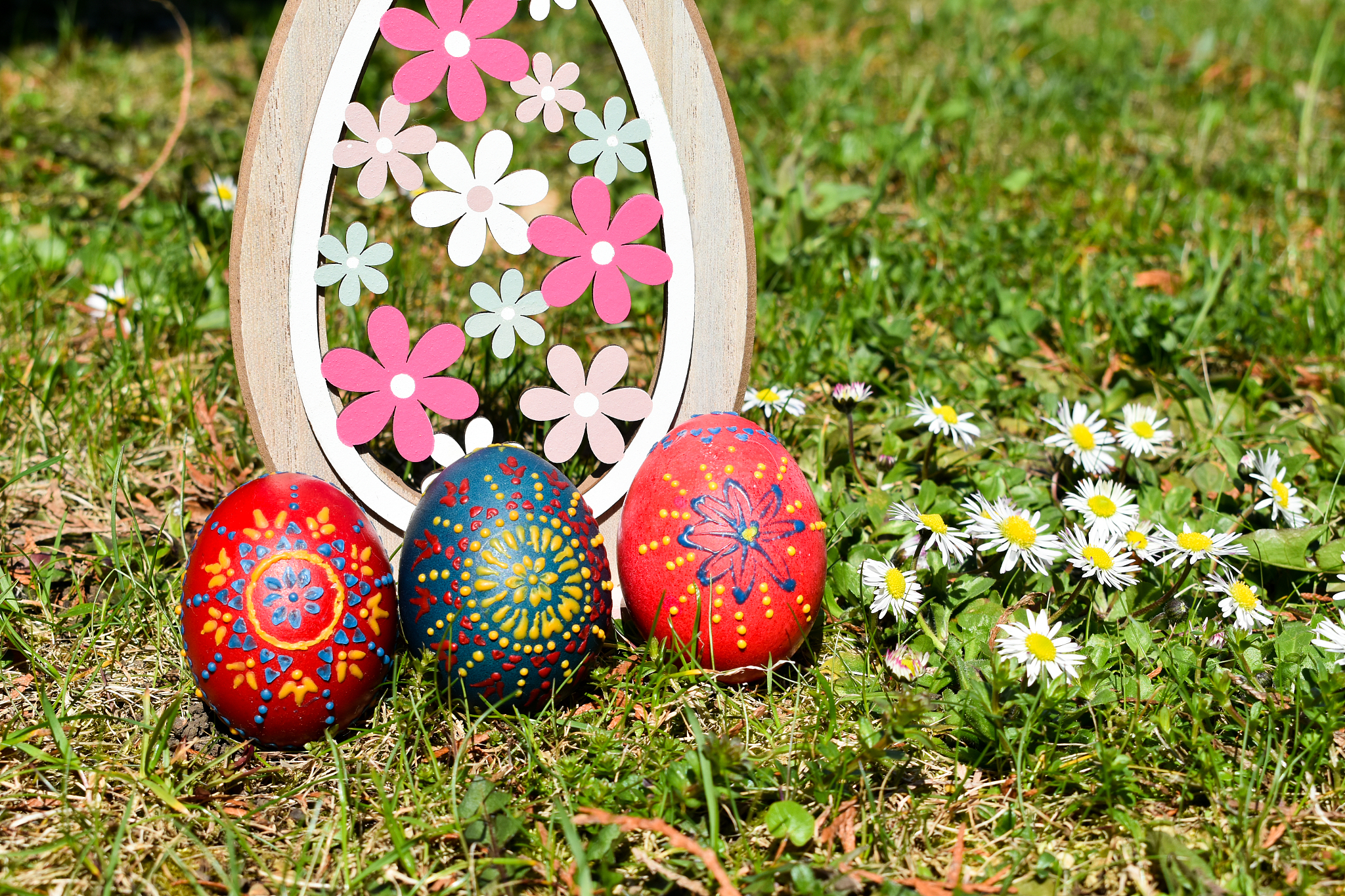 decorated easter eggs in the grass with daisies.