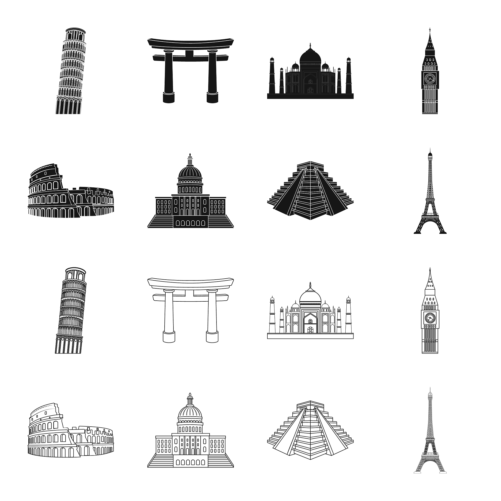 sights of different countries blackoutline icons