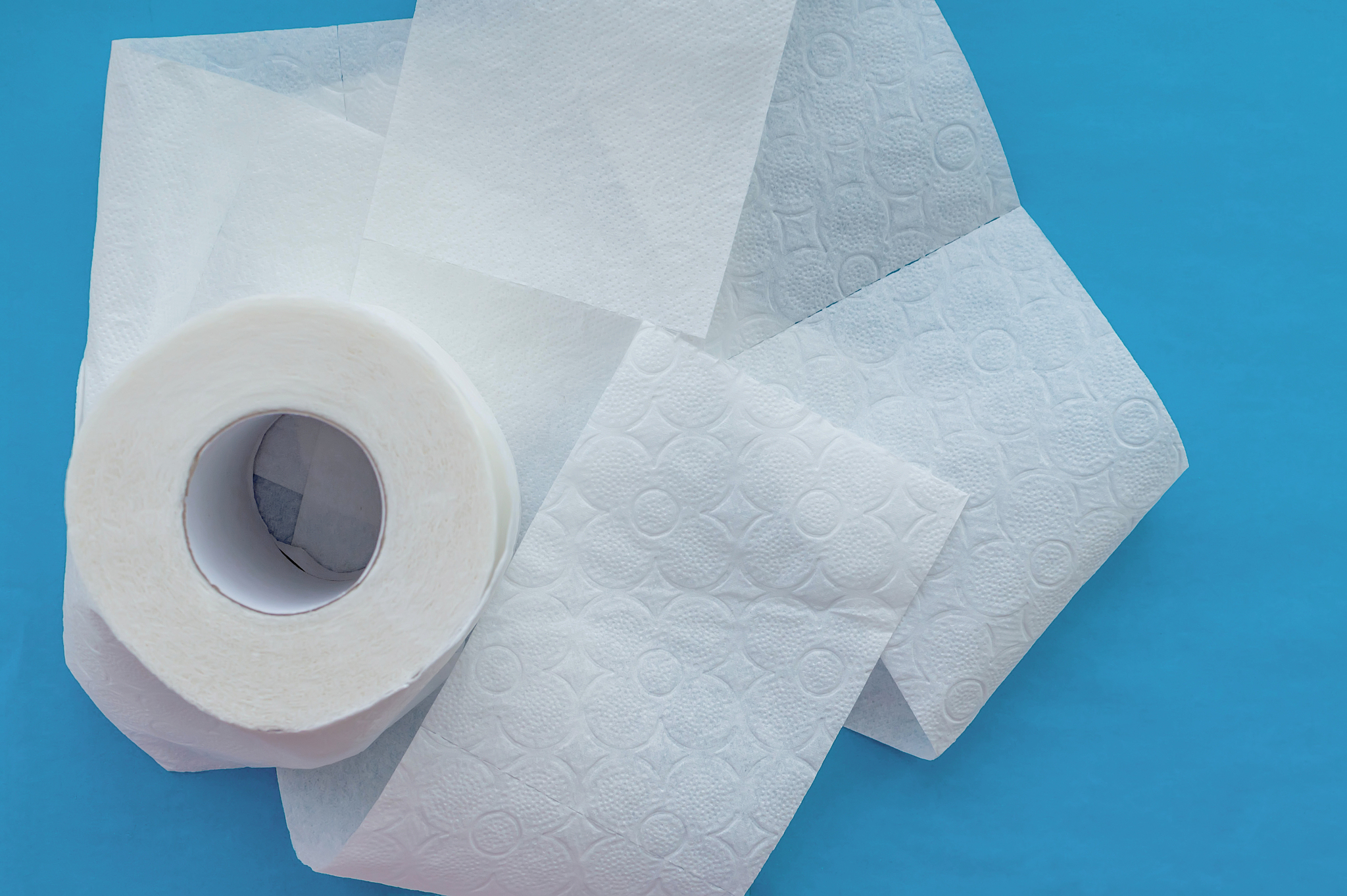 roll of white toilet paper on a blue background. close up.