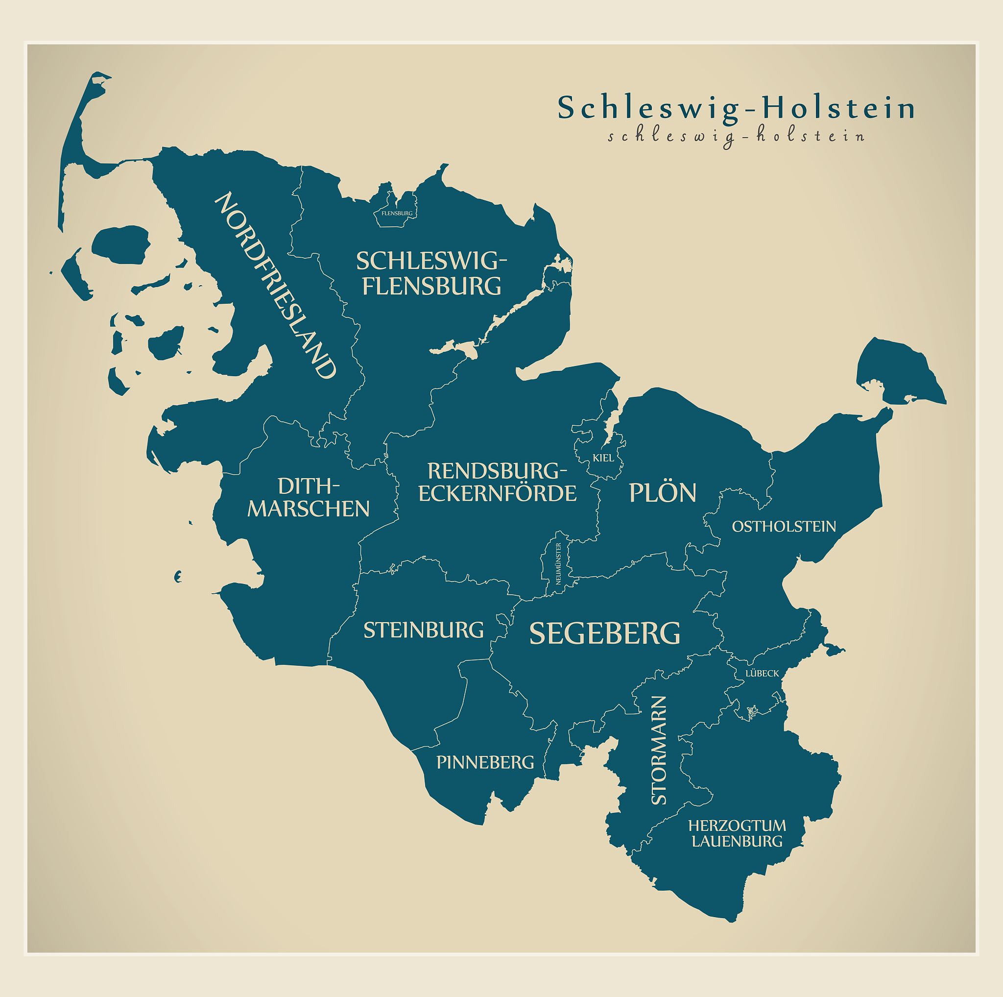 modern map - schleswig-holstein map of germany with counties and
