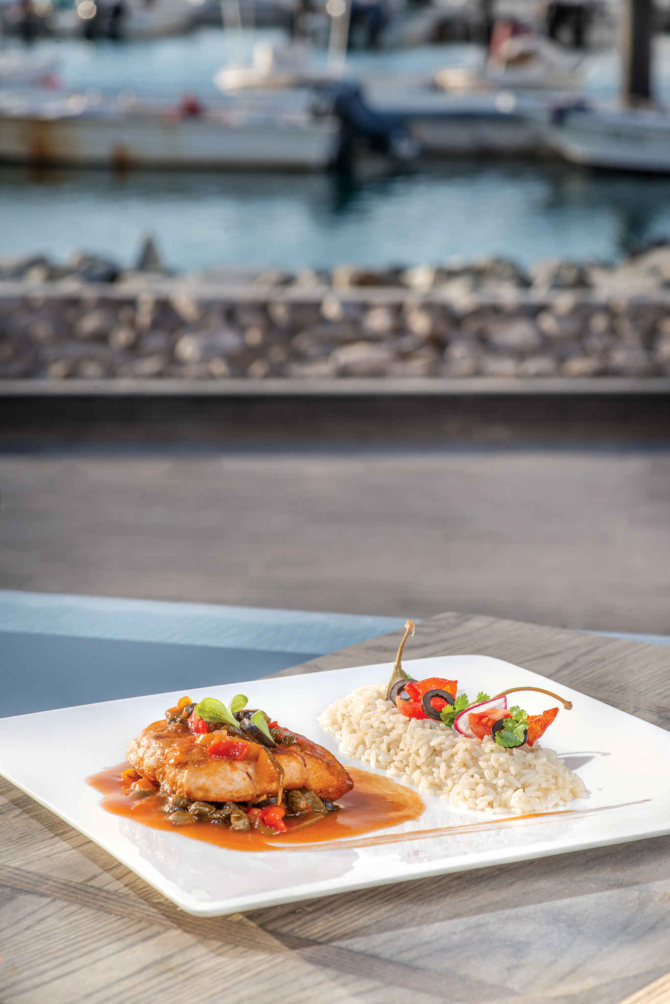 sea dish grilled fish steak in gravy with vegetables and