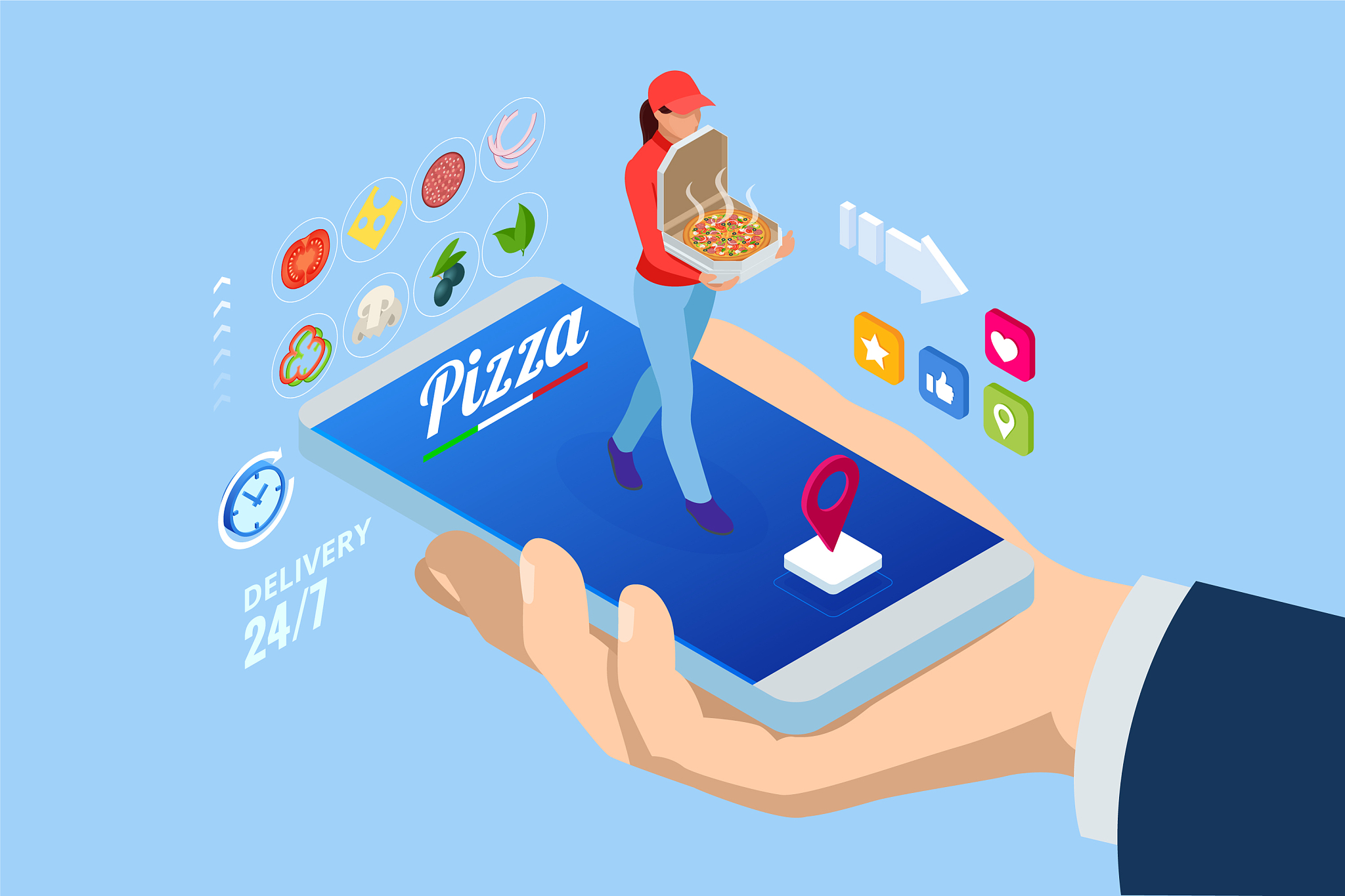 isometric online pizza order mobile app templates