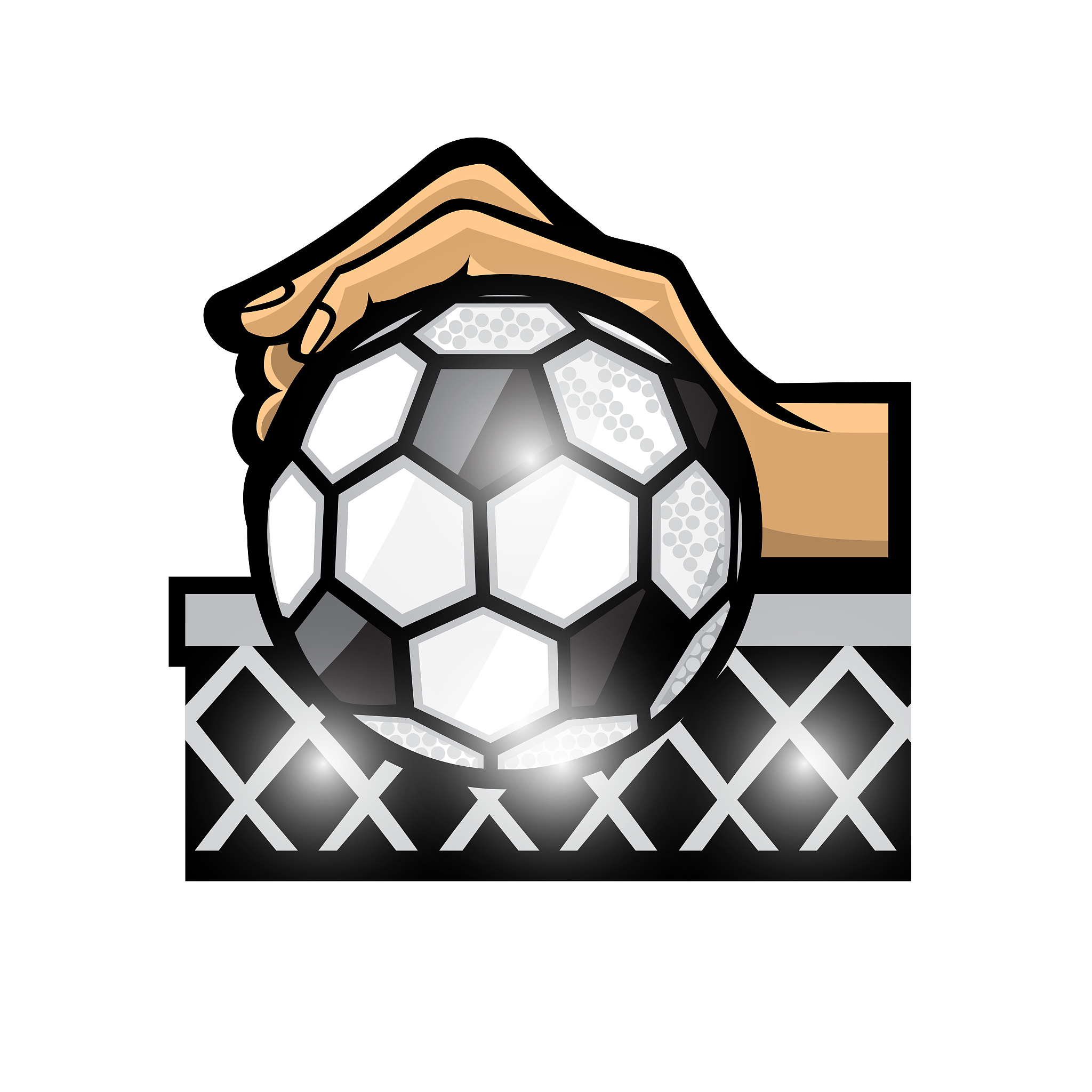 hand hold soccer ball in center of football goal net on white. s