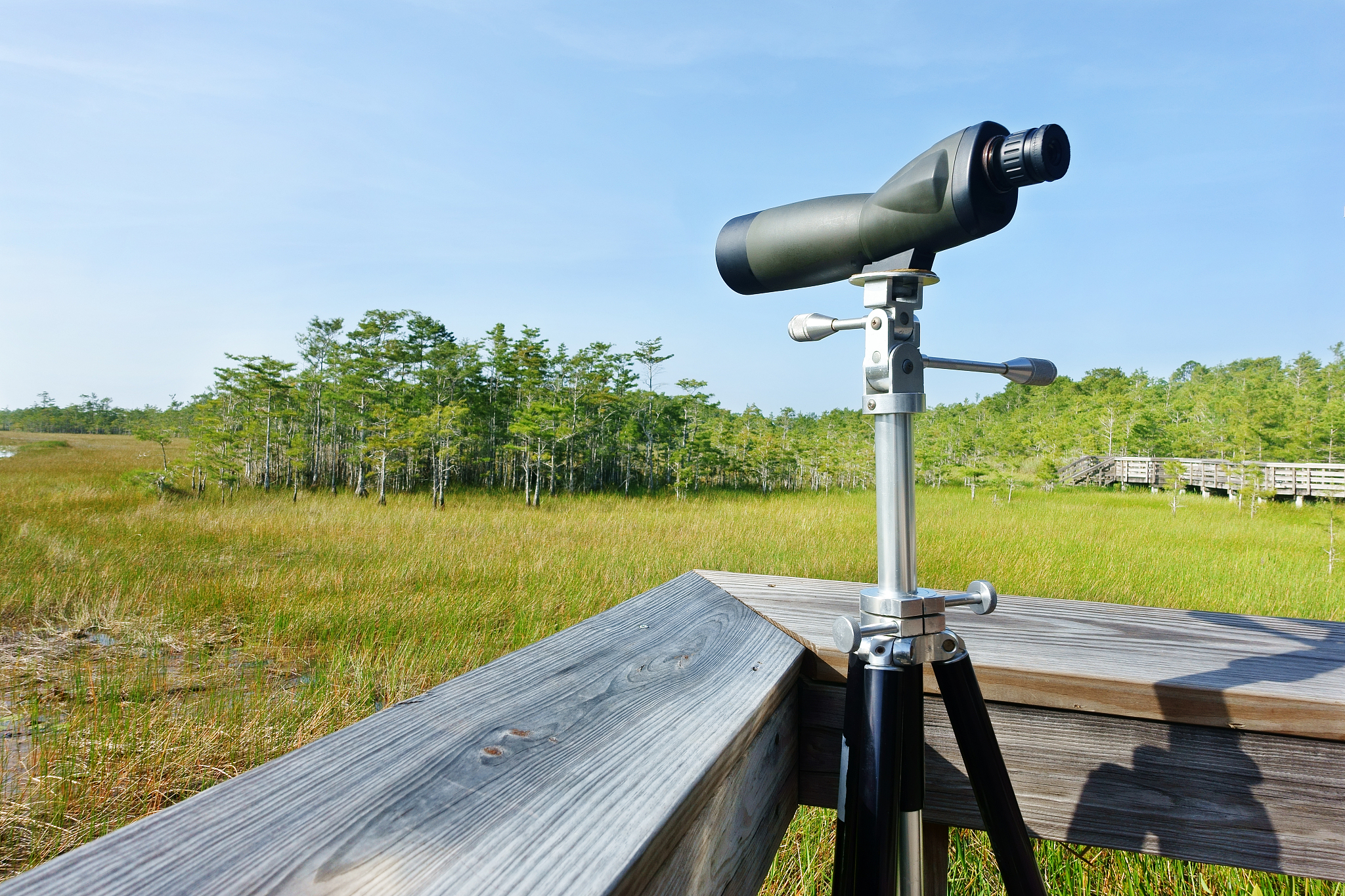 birdwatching telescope on tripod view over watershed marsh