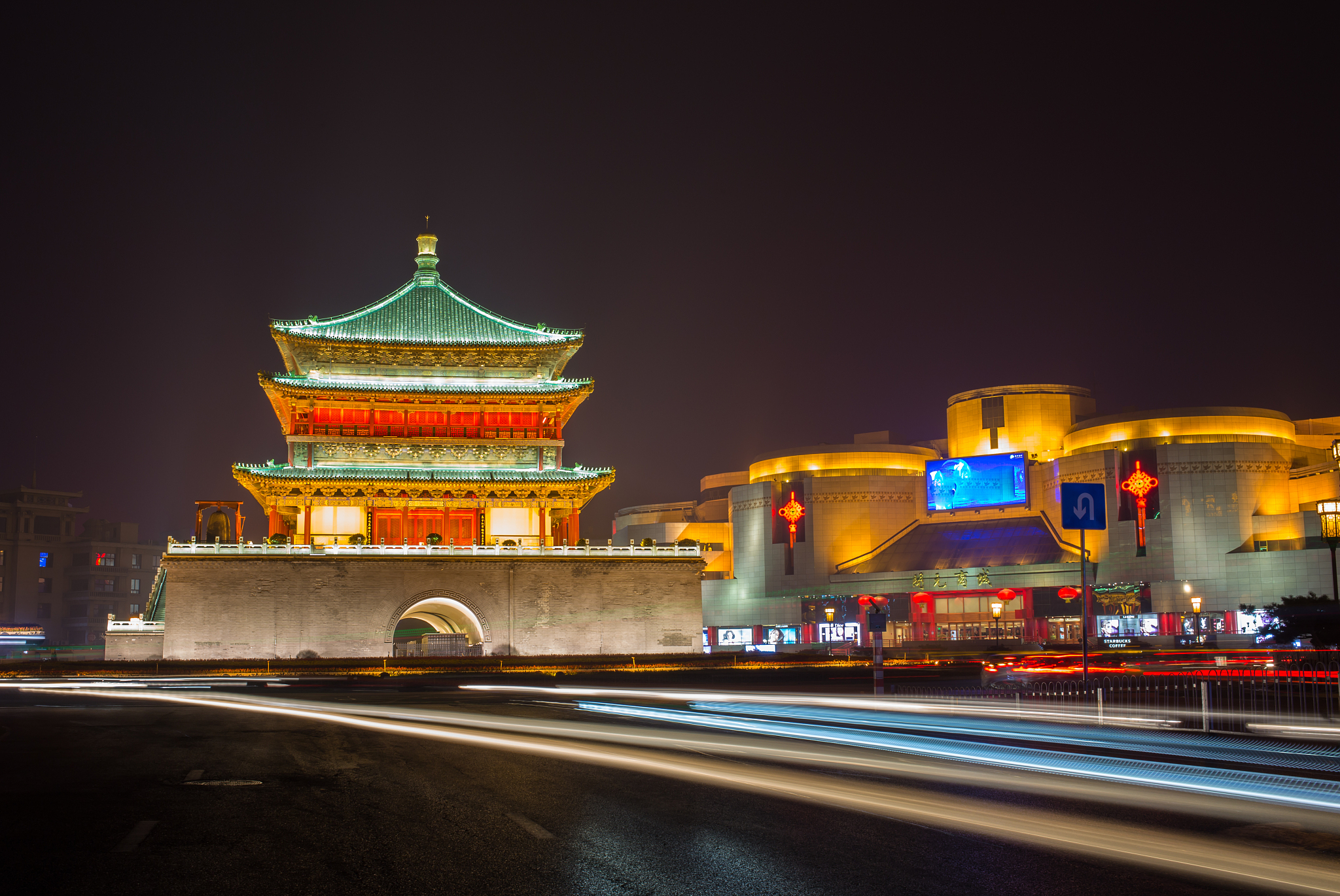 illuminated famous ancient bell tower at night. china, xian