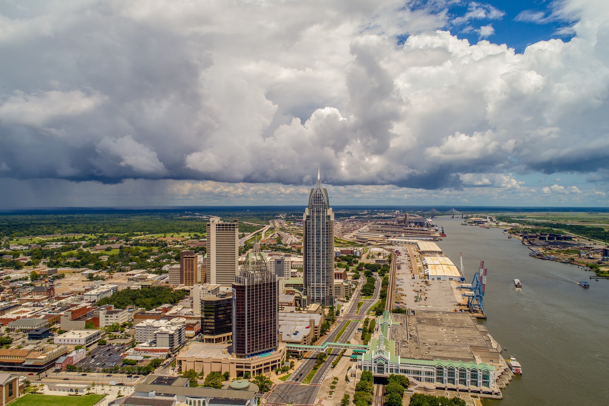 downtown mobile, alabama riverside cityscape