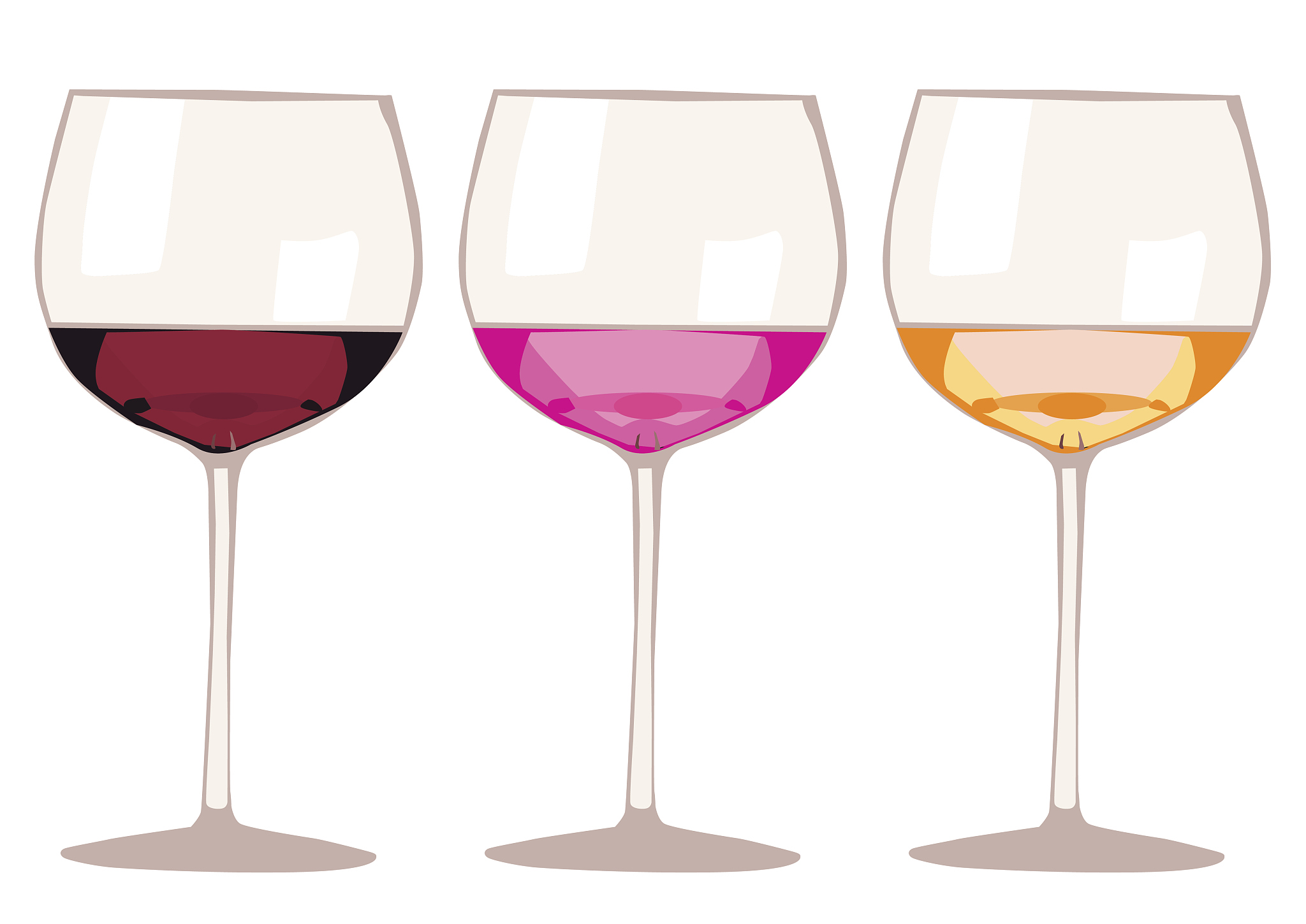 three glasses with wine and champagne isolated on white