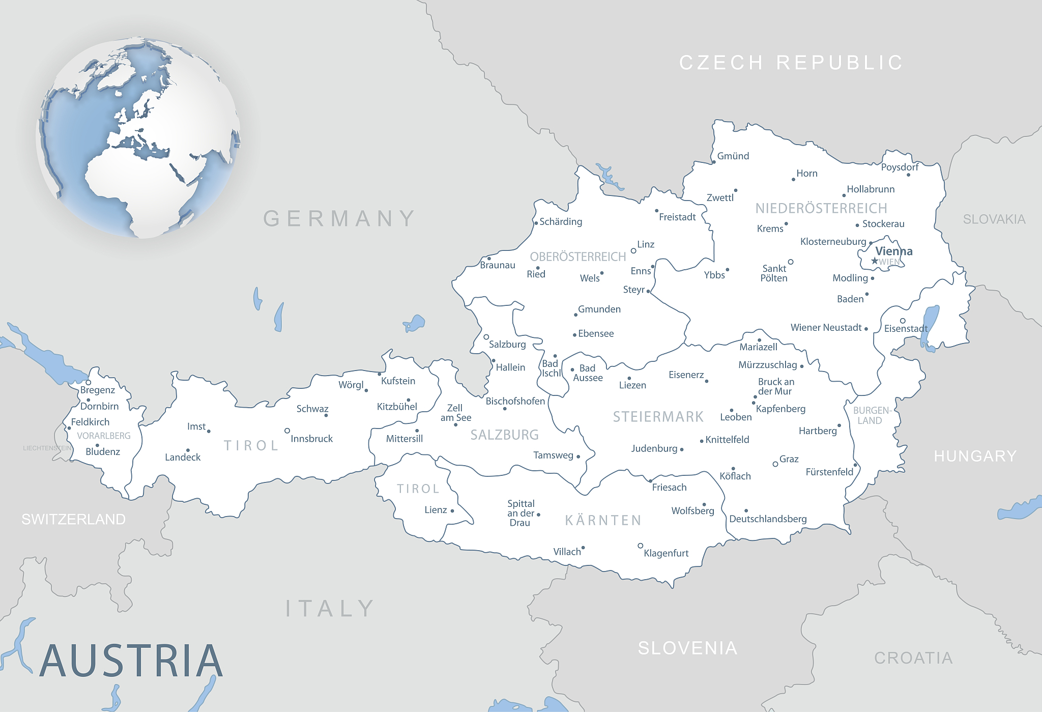 blue-gray detailed map of austria and administrative divisions a