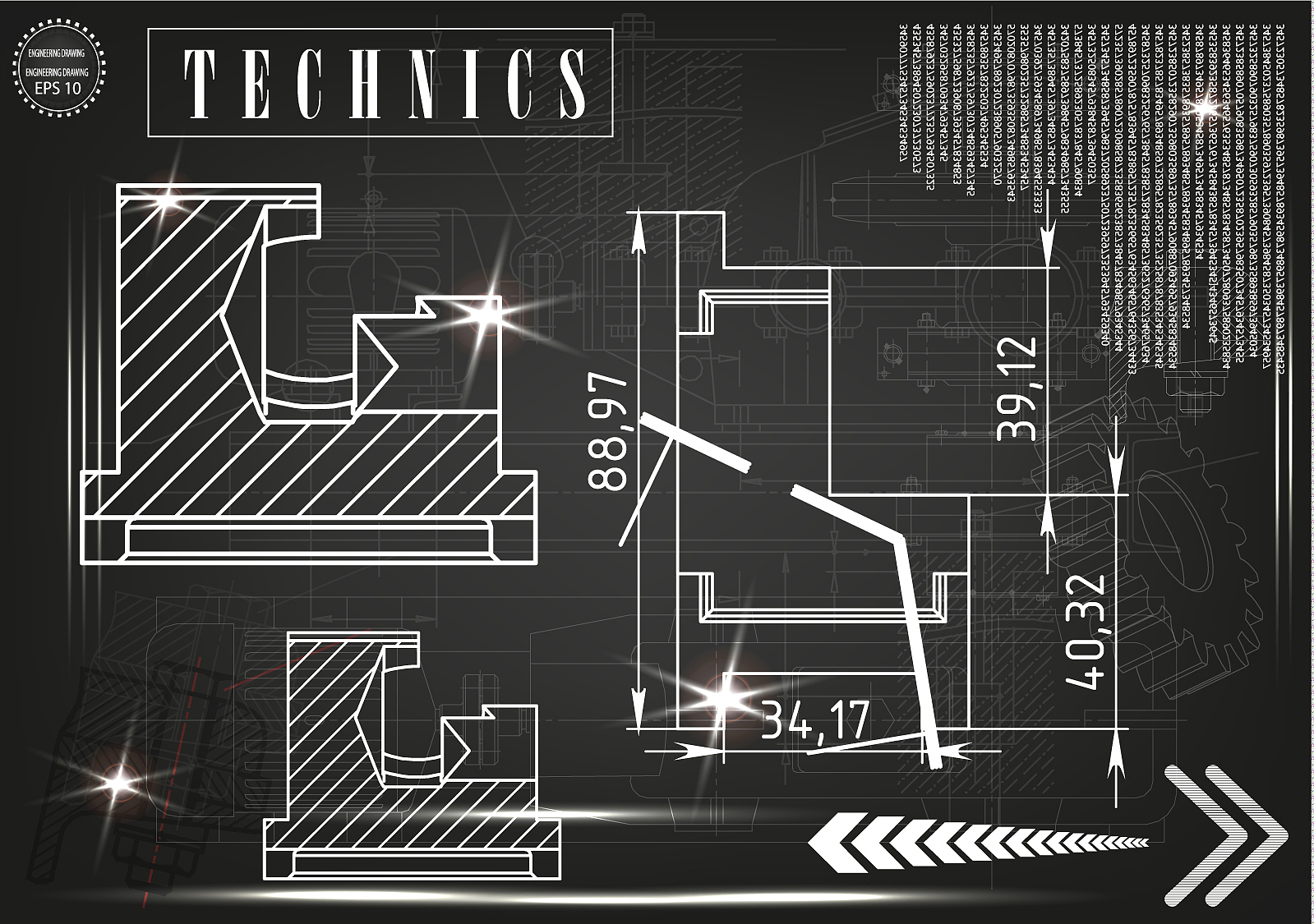 machine-building drawings on a black background