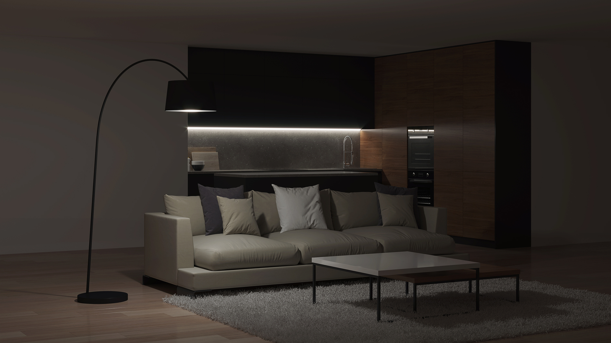 modern kitchen interior. night. evening lighting. 3d rendering.