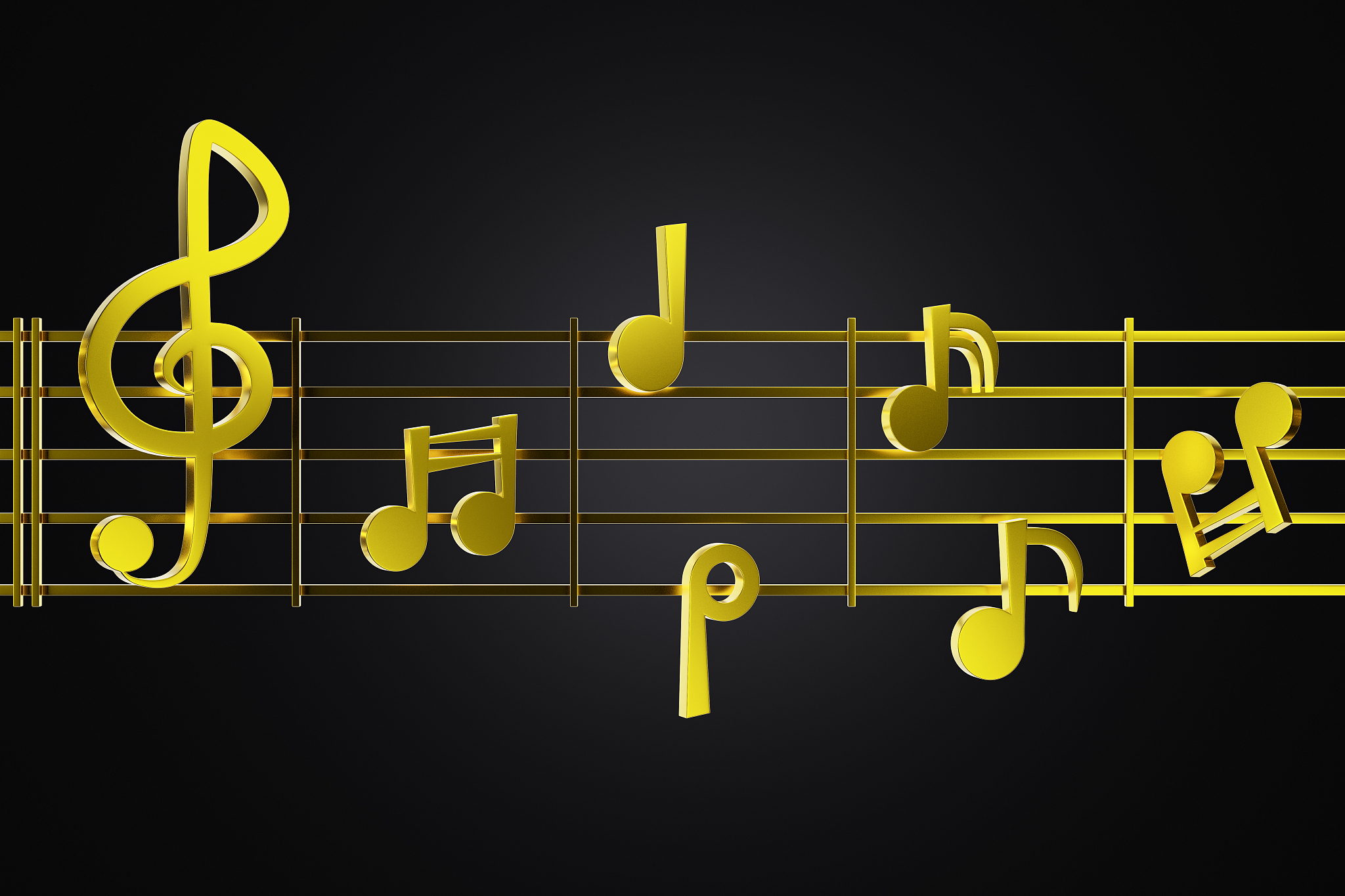 3d golden music note on music line in black background.