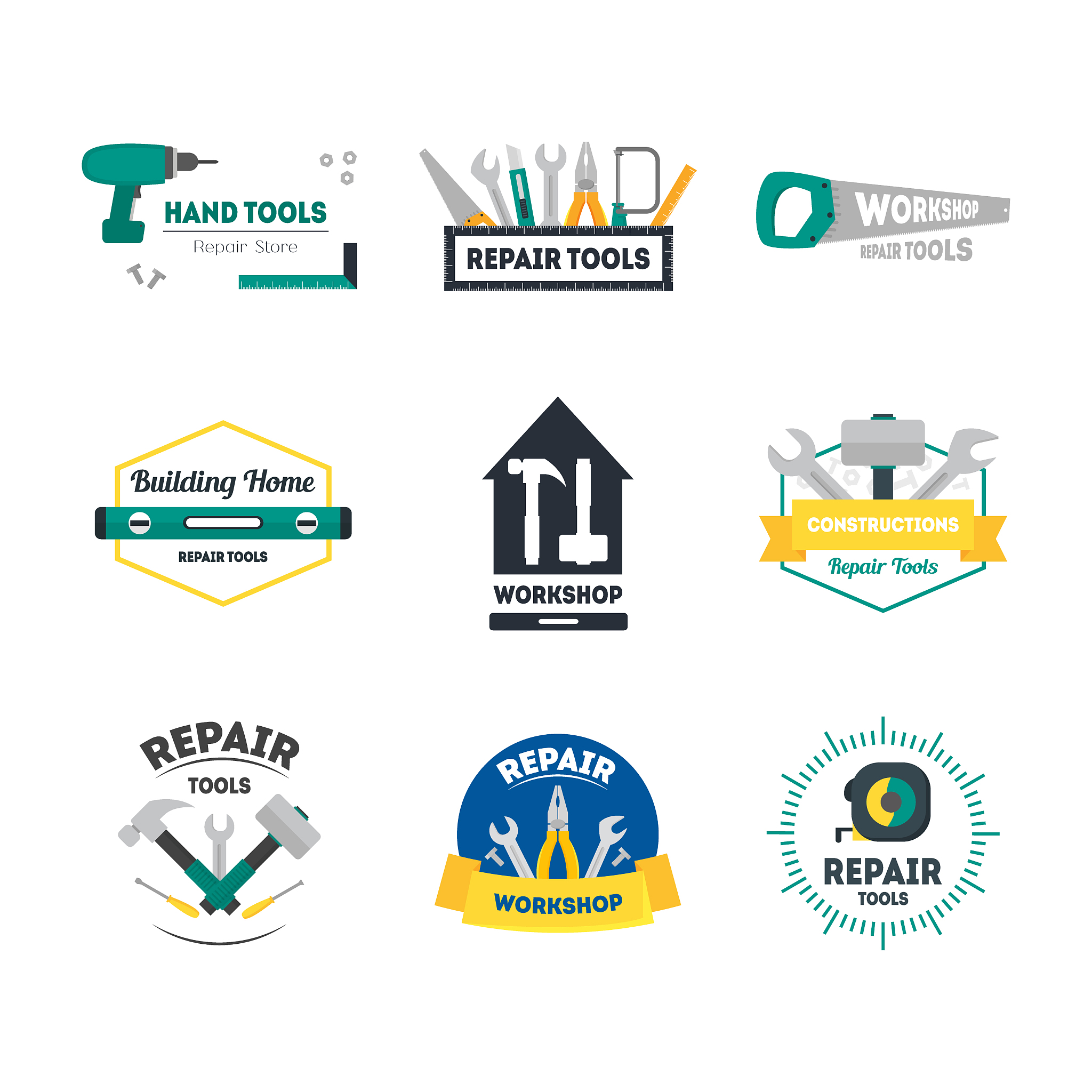 cartoon hand tools badges or labels set