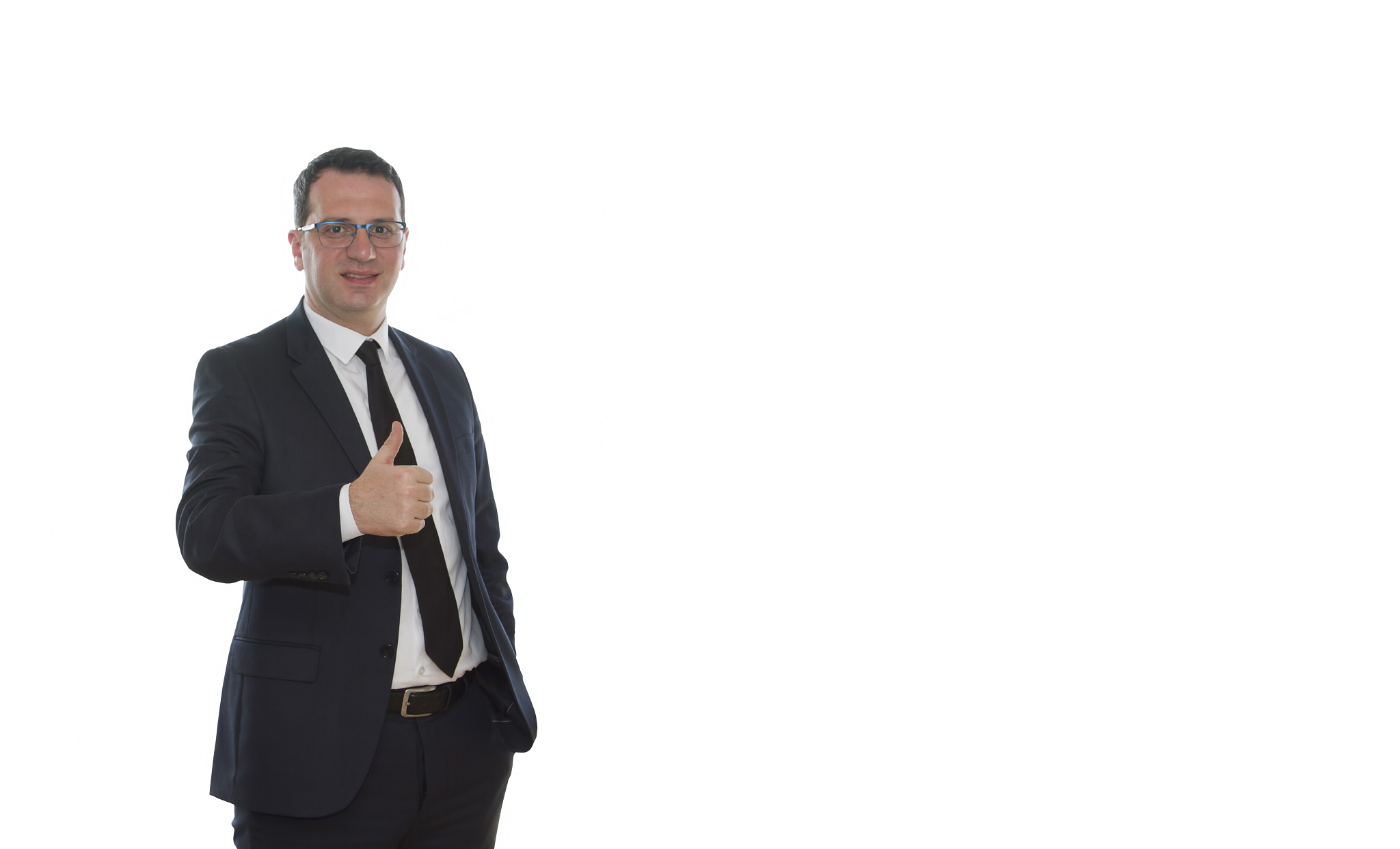 handsome businessman showing thumbs up sign on white background.