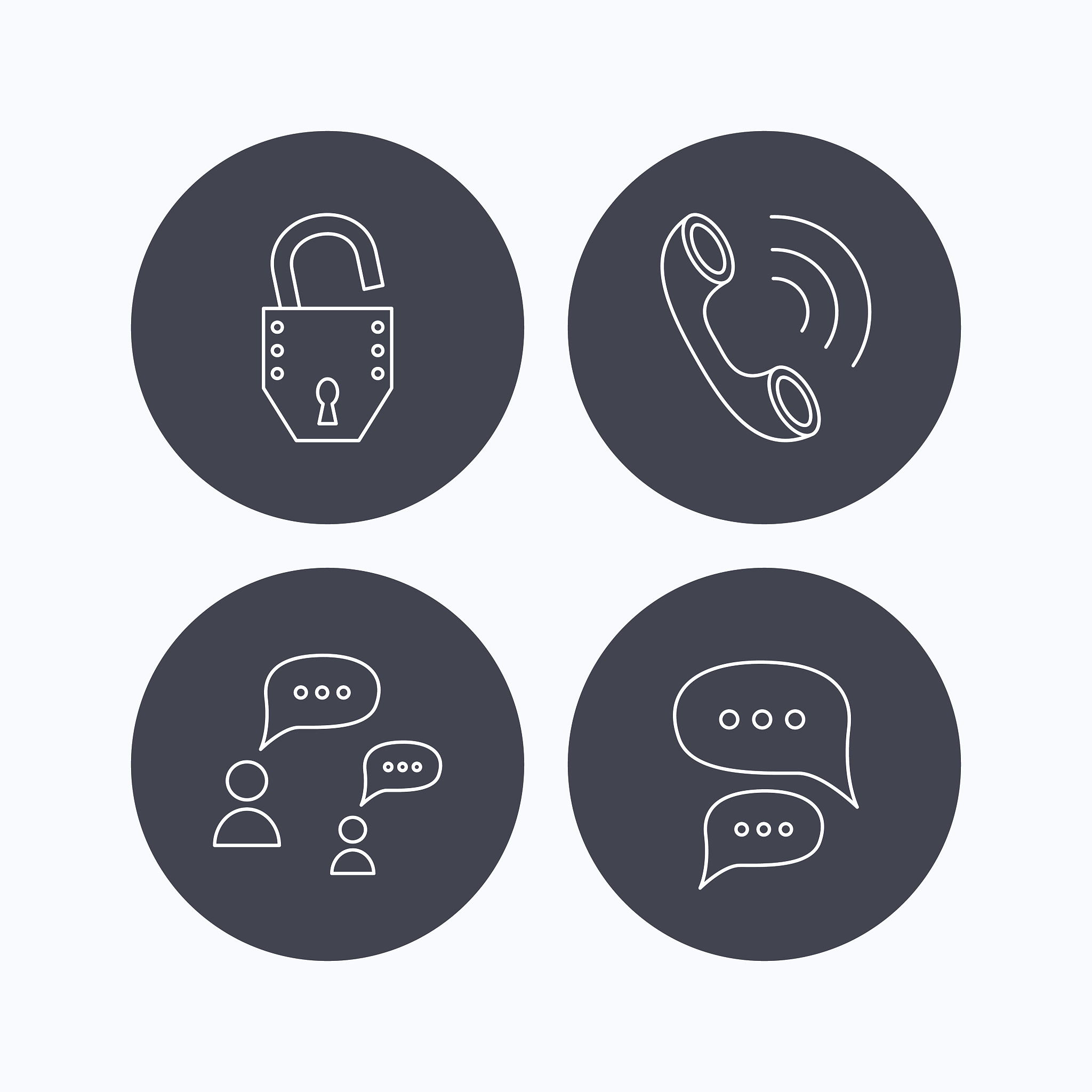 phone call, chat speech bubbles and lock icons.