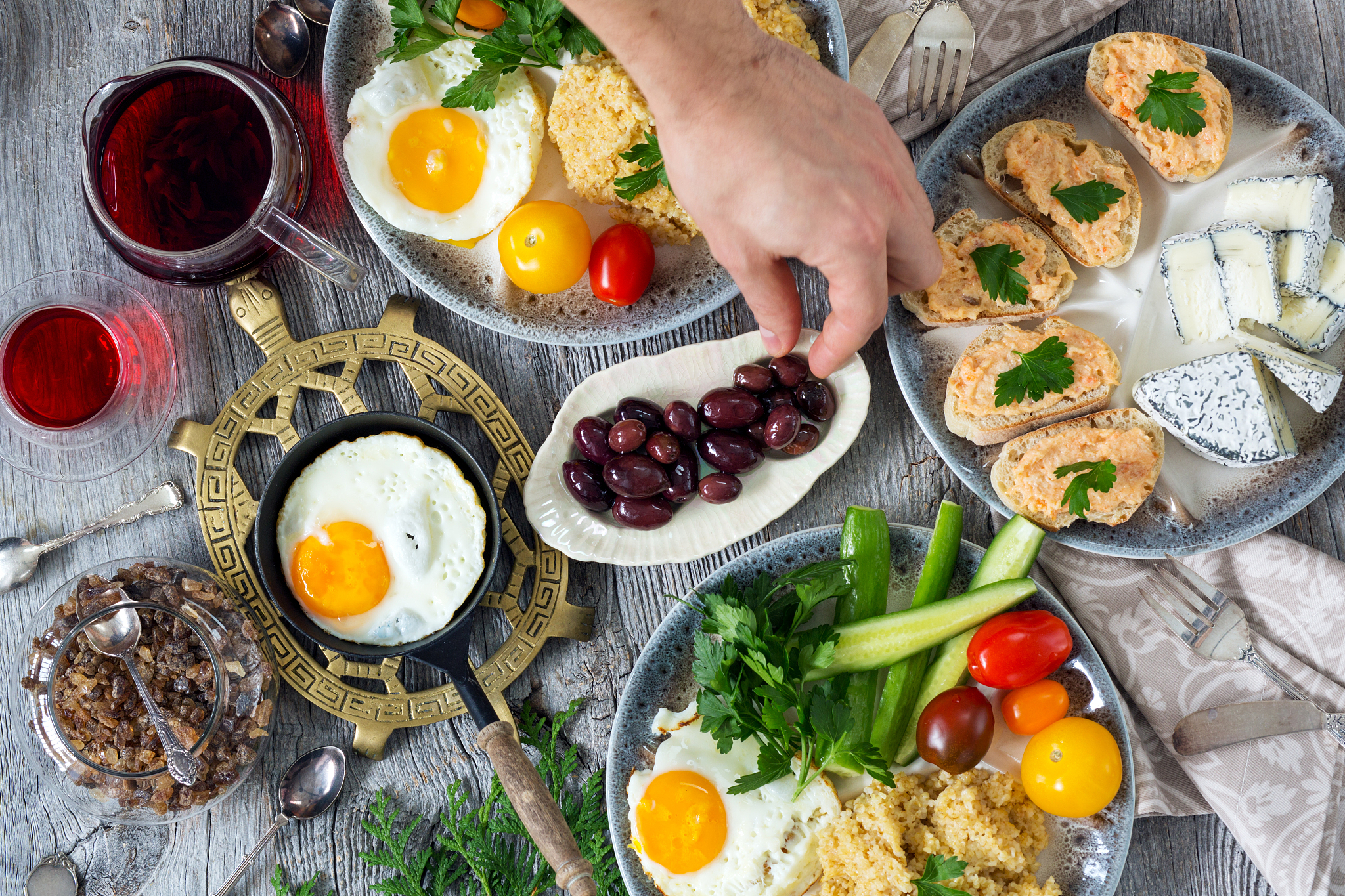 food, healthy breakfast, porridge, eggs, vegetables and sandwich